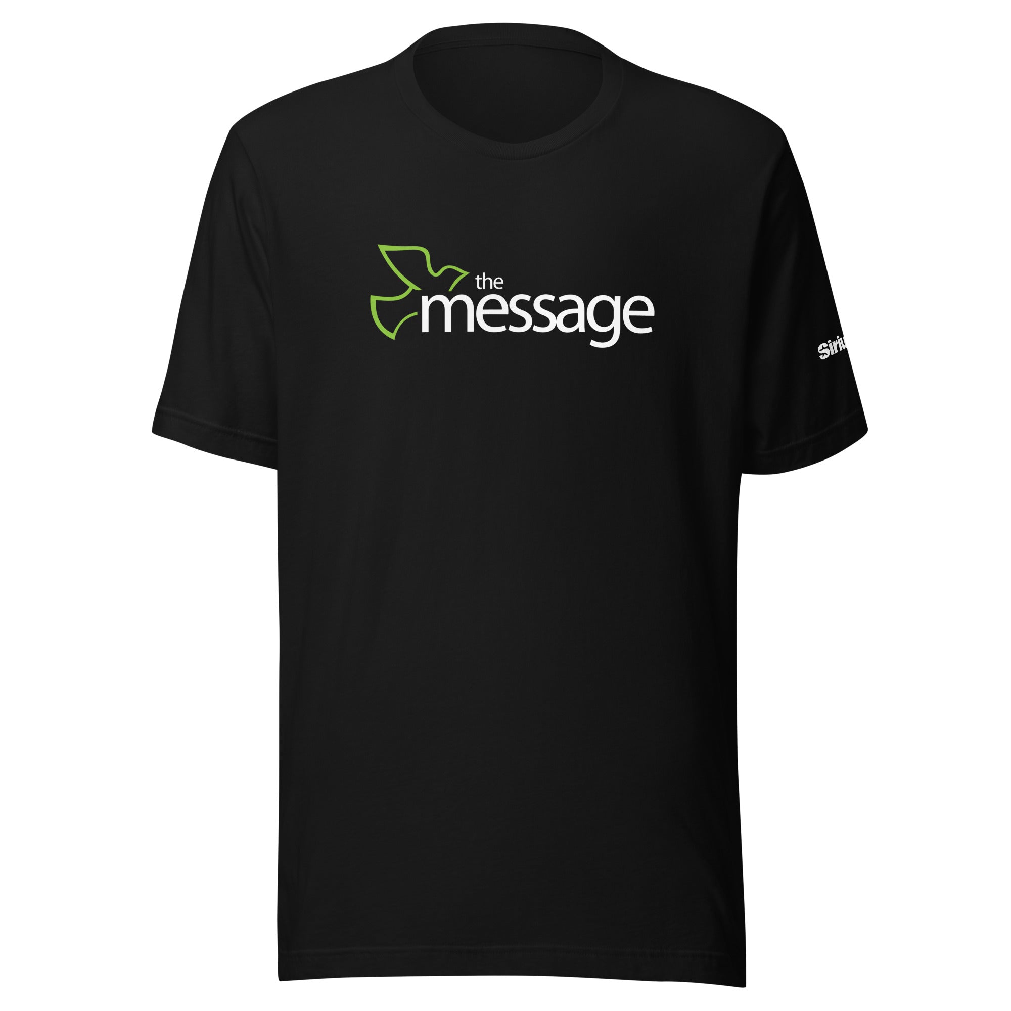 Black t-shirt featuring the text 'the message' in white with a green bird design.
