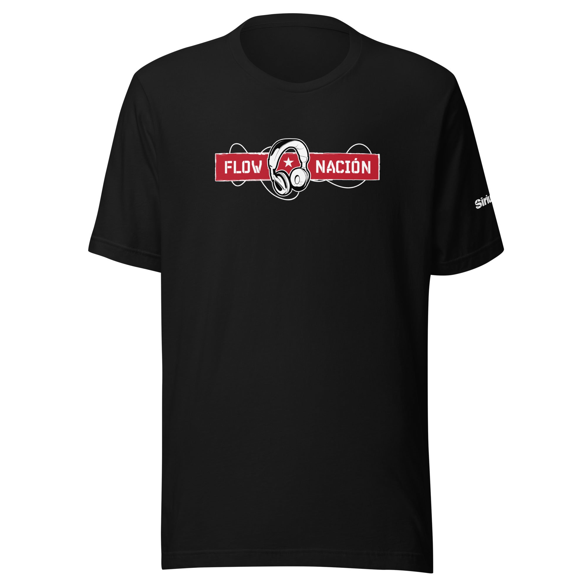 Black t-shirt with graphic design featuring the words 'FLOW NACIÓN' in white and red and a headset image.