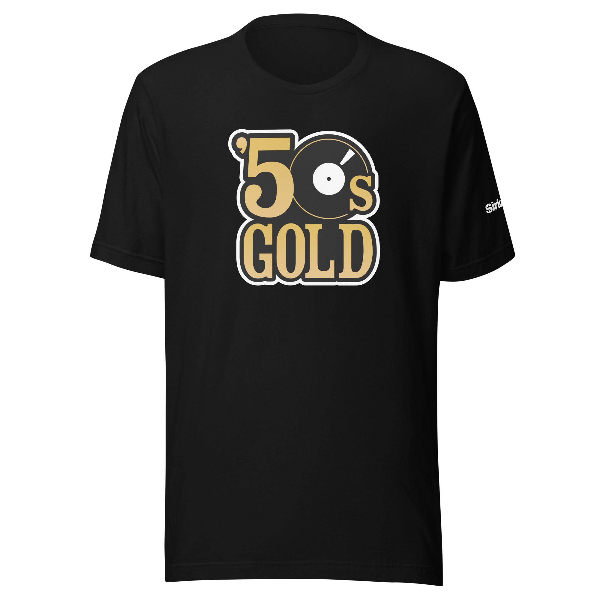 Black t-shirt featuring the text ''50s GOLD' alongside a vinyl record graphic in black gold and white.