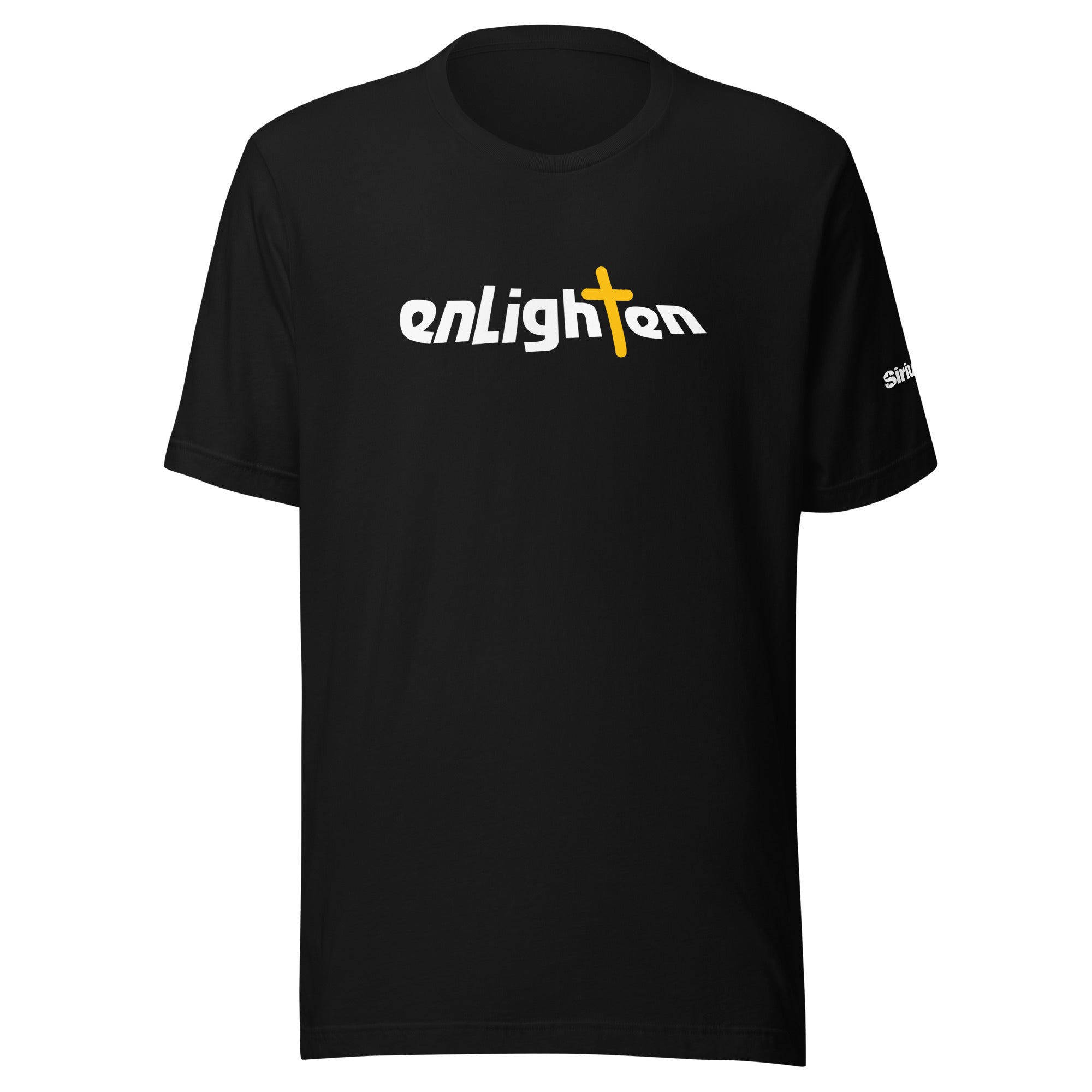 Black t-shirt featuring the word 'enlighten' with a yellow cross incorporated in the design.