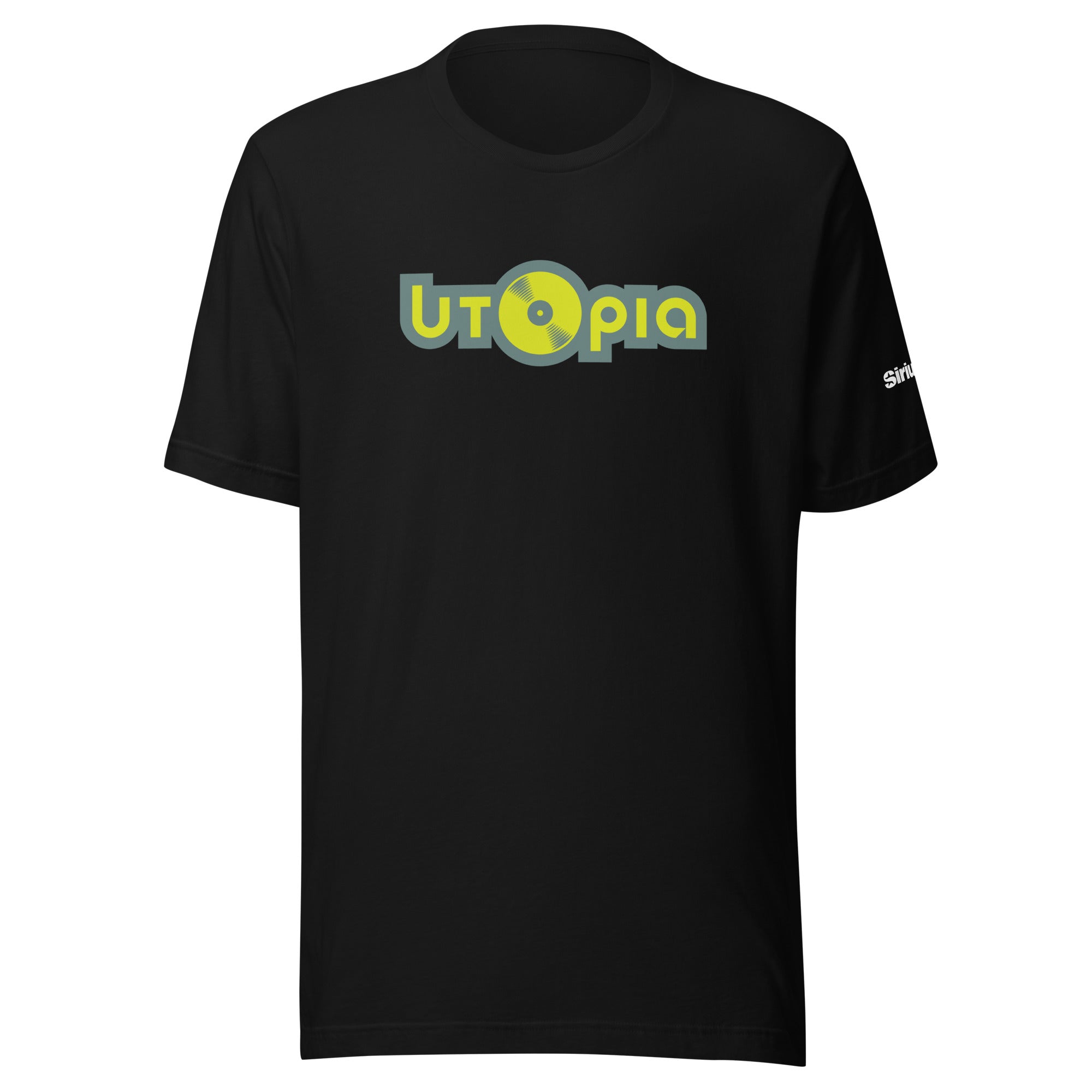 Black t-shirt featuring the word 'Utopia' with a circular vinyl design in yellow and green.