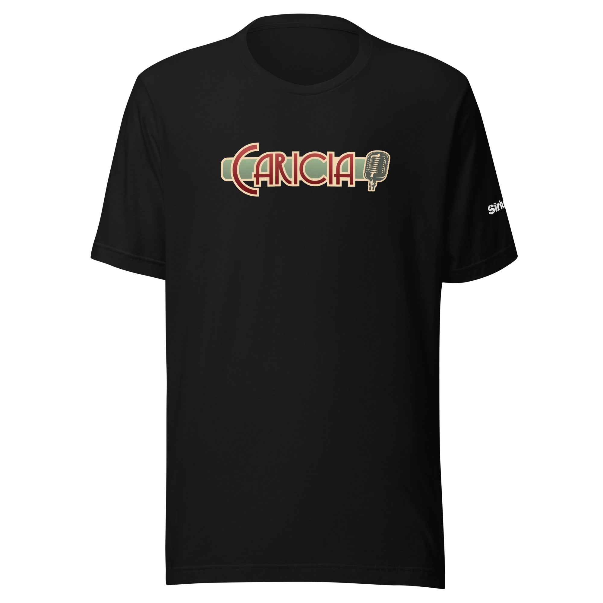 Black t-shirt with 'CARICIA' logo design in ruby and green and a microphone graphic.