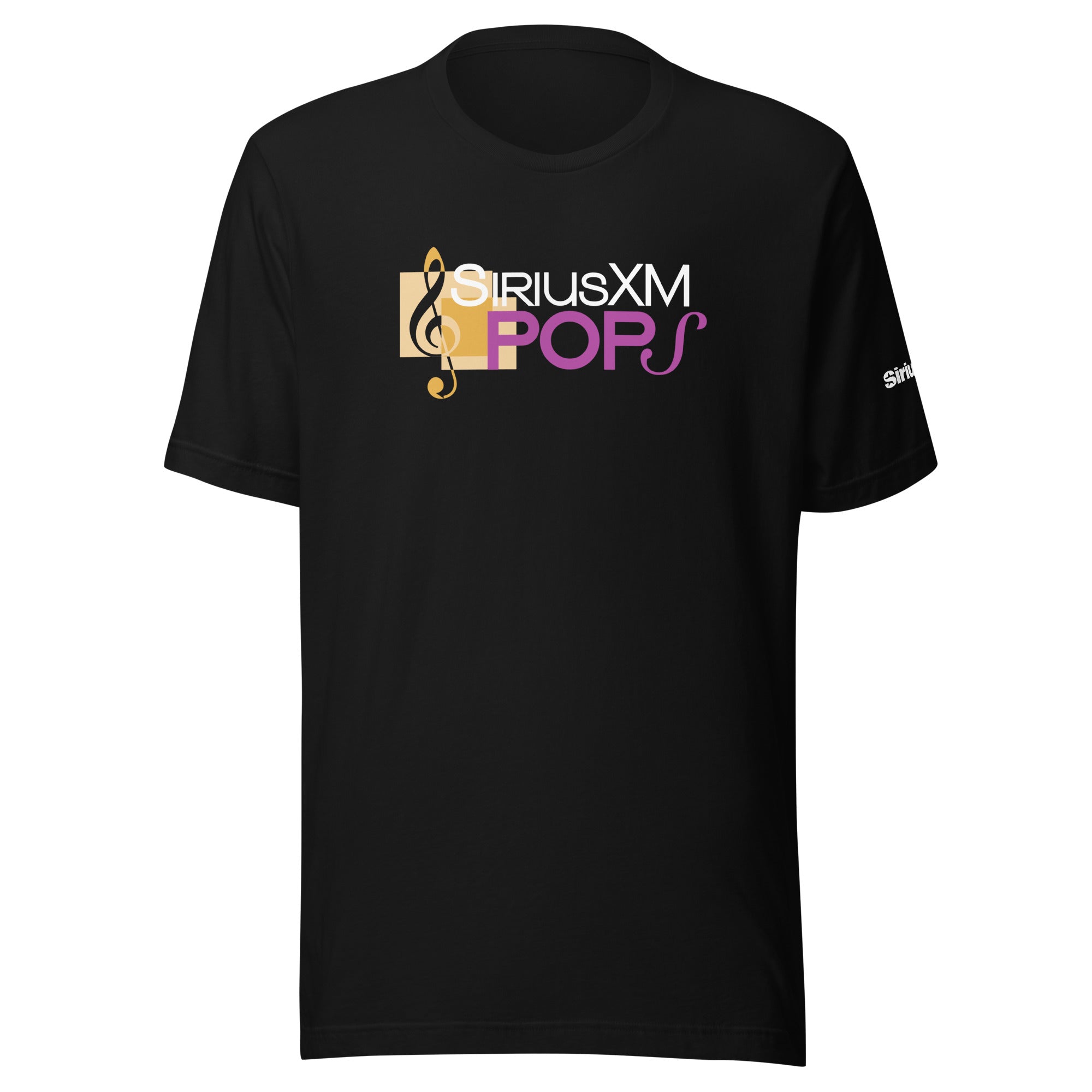 Black T-shirt featuring 'SiriusXM POPS' logo in pruple, gold and white with musical notes and colorful design elements.