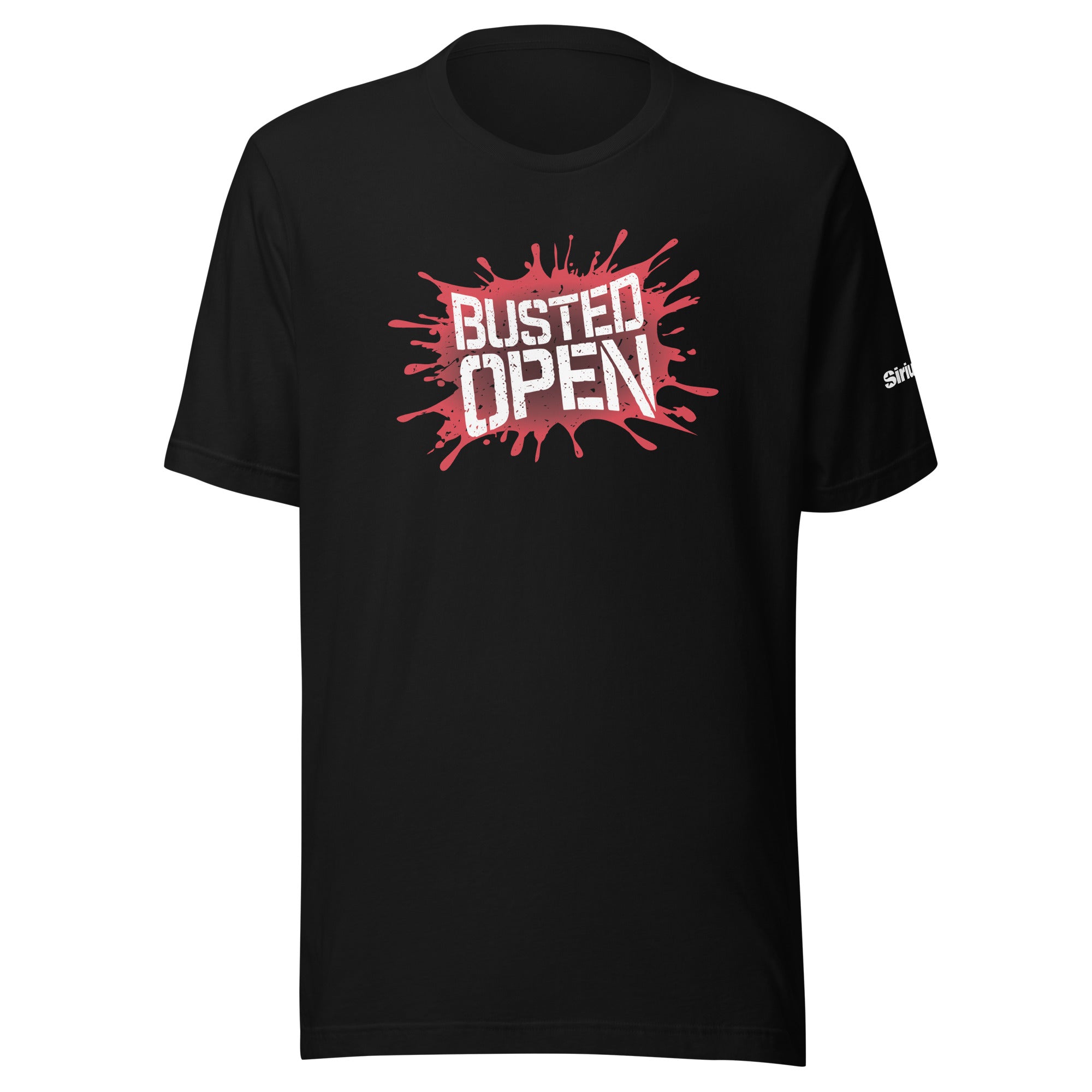 Black t-shirt featuring the text 'BUSTED OPEN' in a red and white splatter design.
