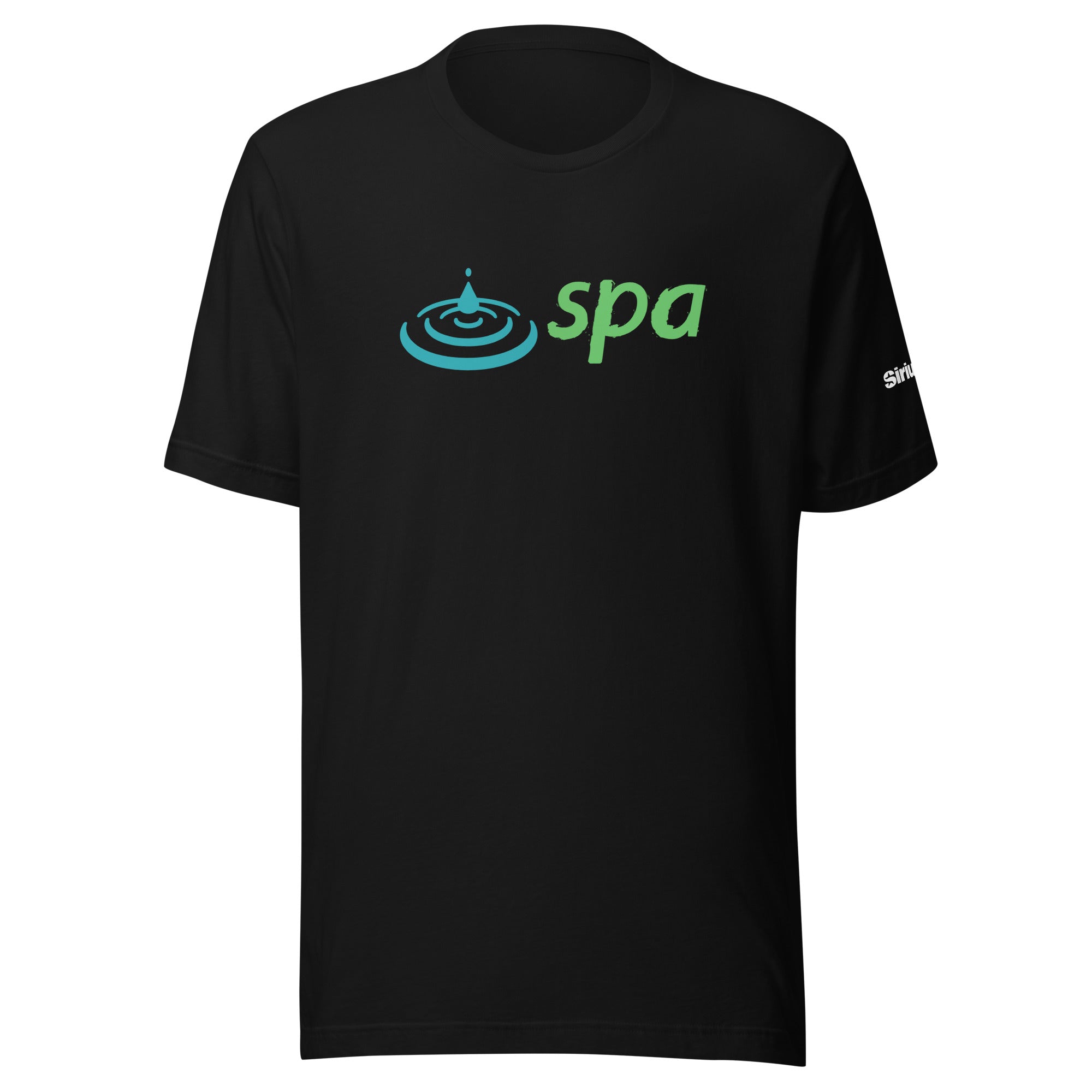 Black t-shirt featuring the word 'spa' in green with a water droplet and ripple design in blue.