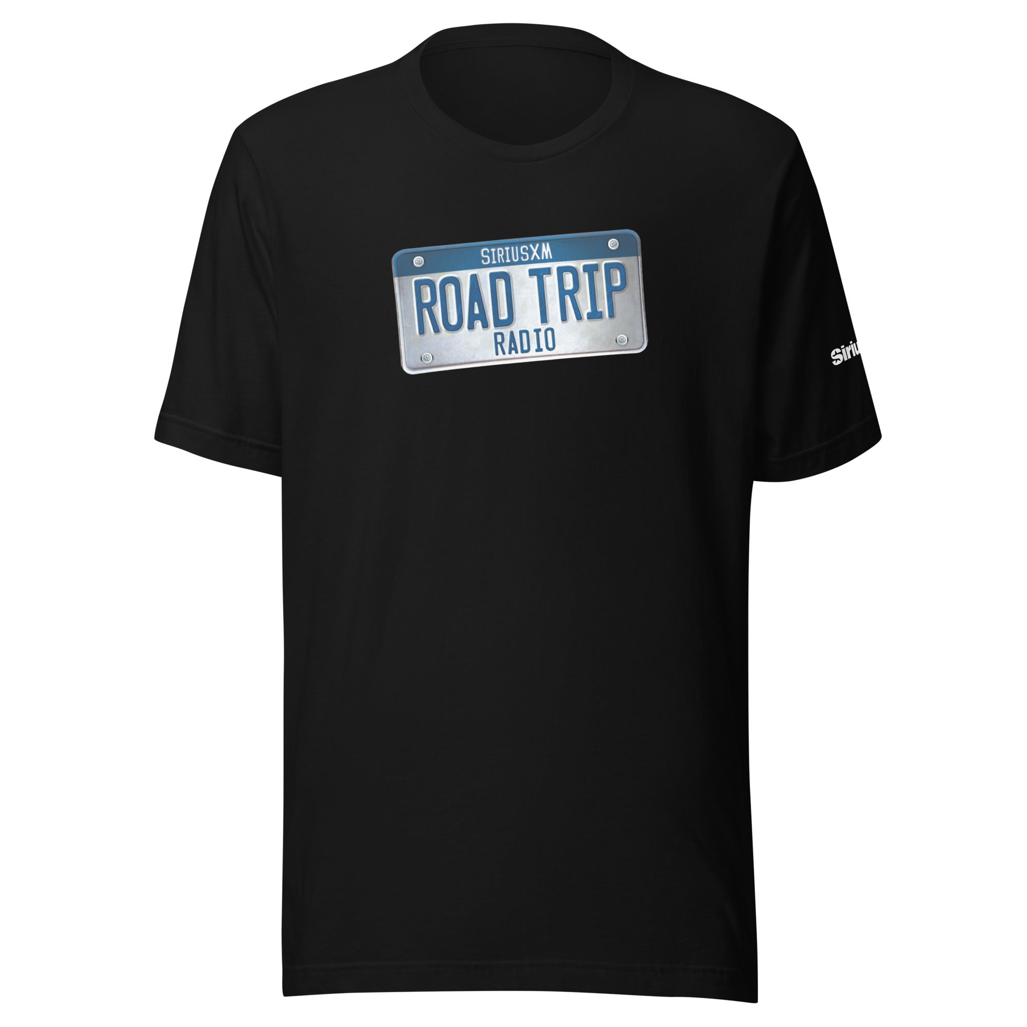 Black t-shirt featuring a graphic of a license plate that says 'ROAD TRIP RADIO' in blue and white with the 'SiriusXM' logo.