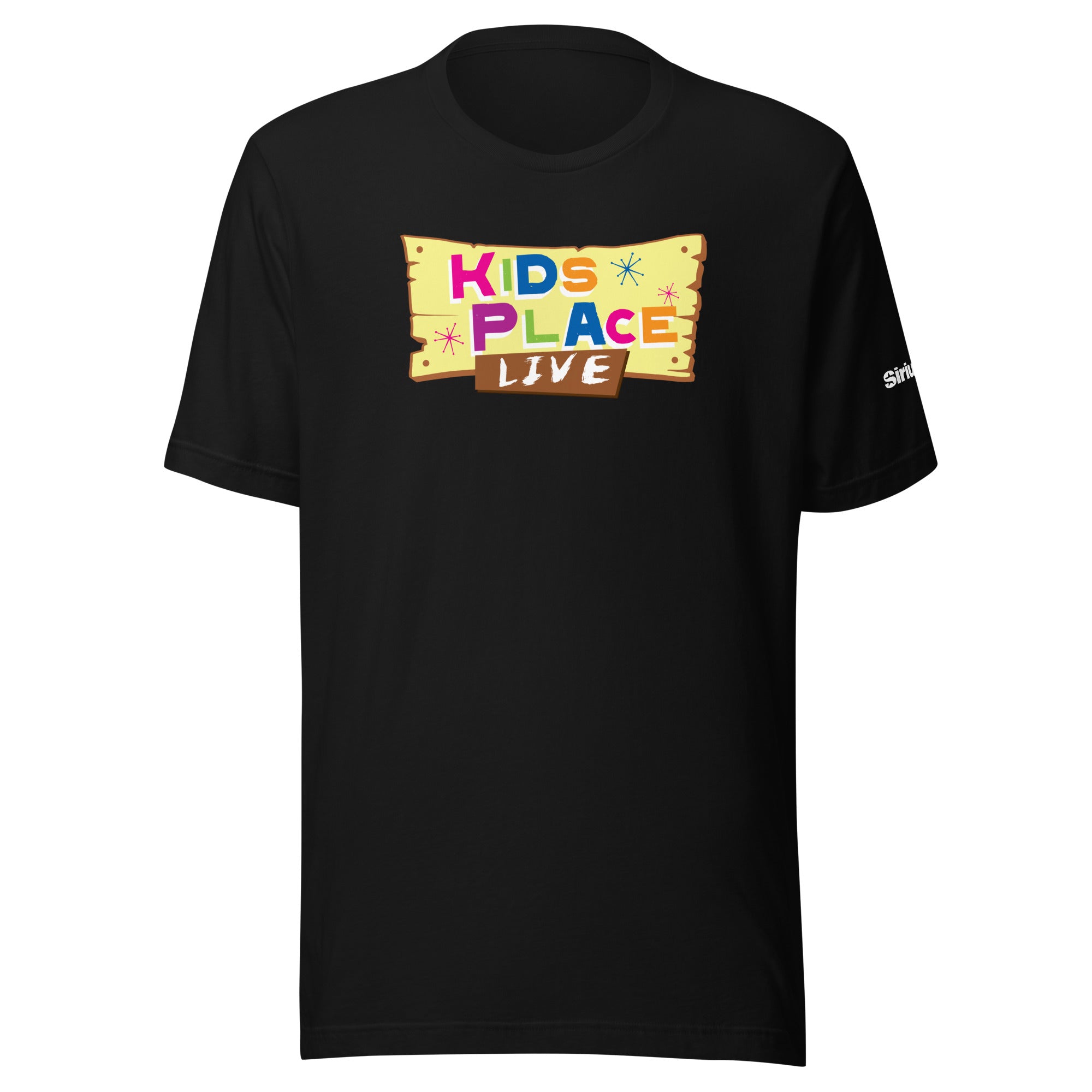 Black t-shirt featuring a colorful 'KIDS PLACE LIVE' logo on an illustrative wooden sign background.