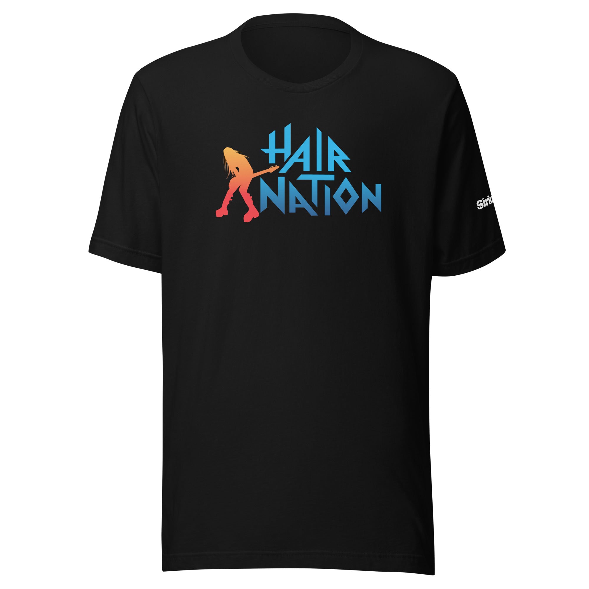 Black t-shirt with 'HAIR NATION' graphic in blue and orange, featuring a silhouette of a figure holding a guitar.
