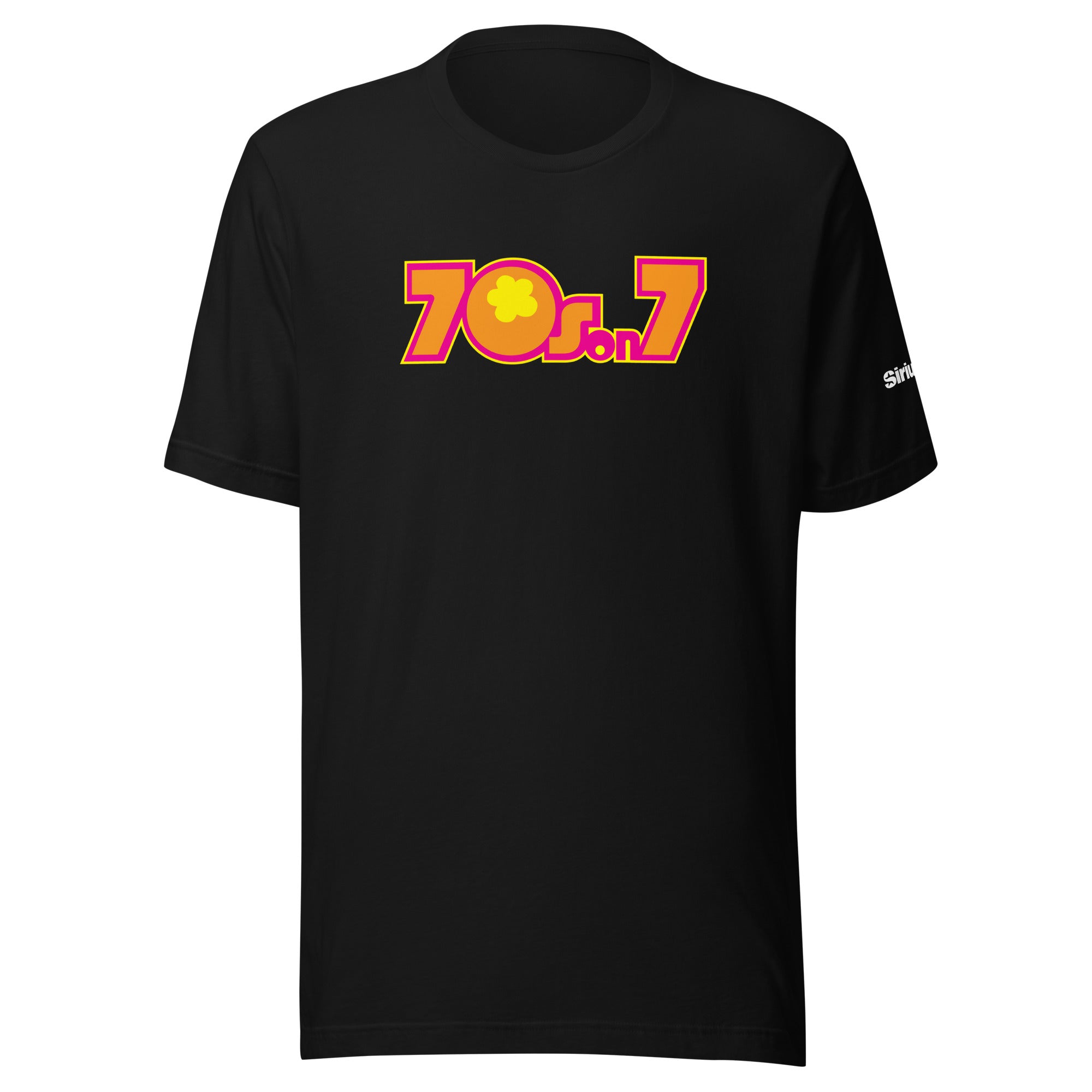 Black t-shirt with colorful '70s on 7' graphic design in orange, yellow and pink on the front.