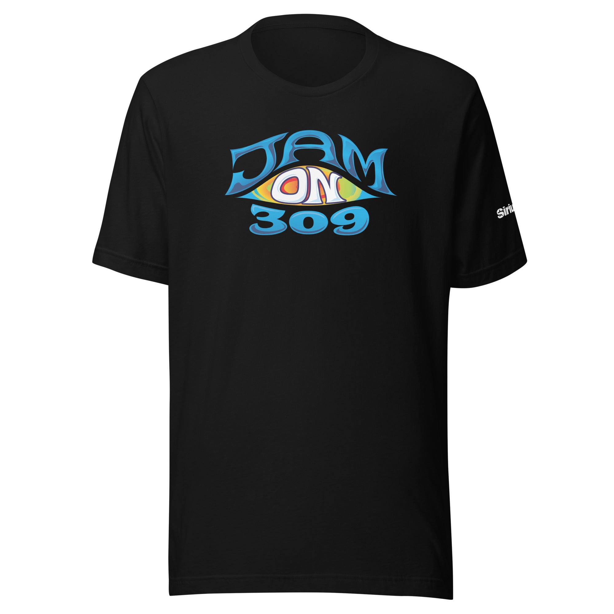 Black t-shirt featuring colorful 'JAM ON 309' graphic with bright blue text on front.