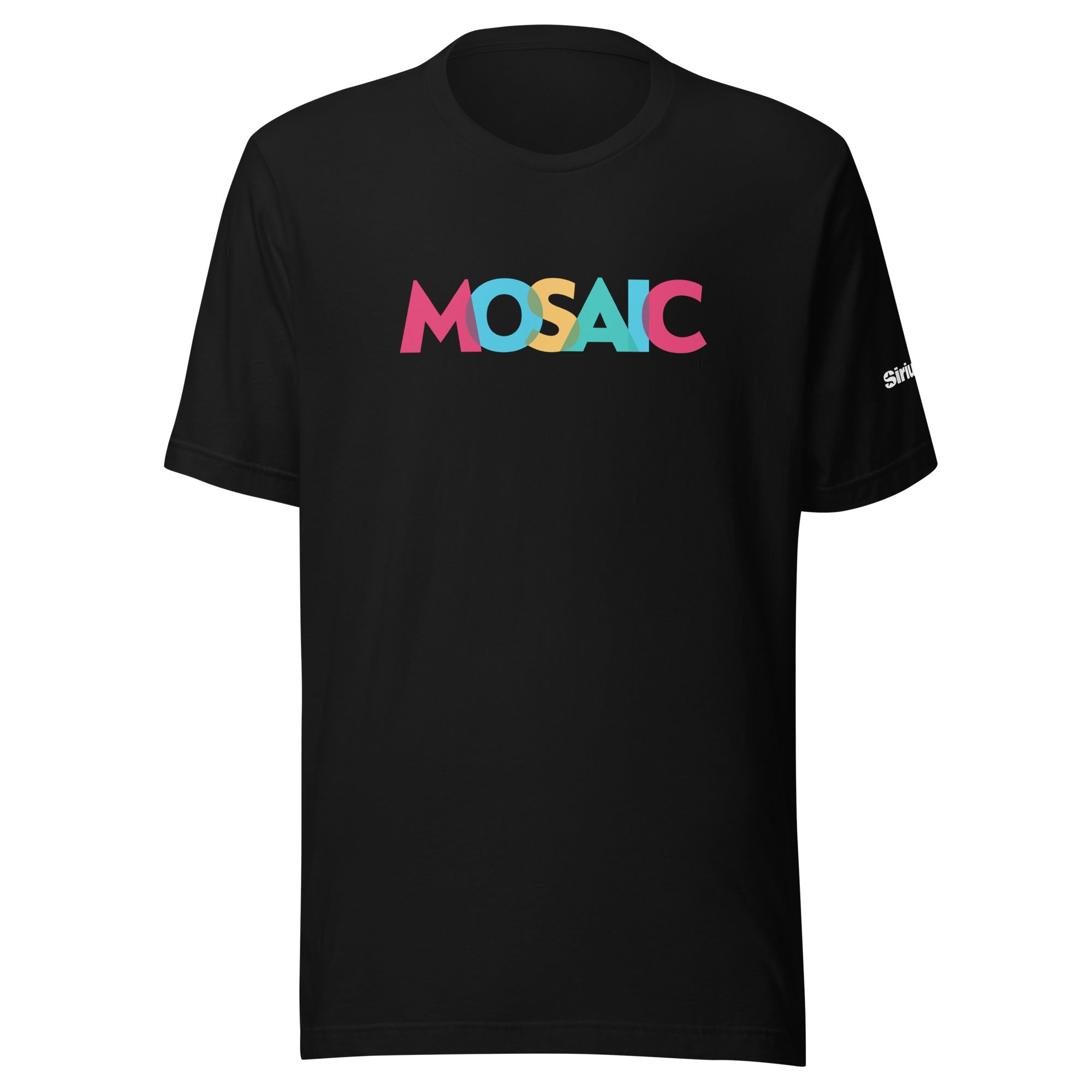 Black t-shirt featuring the colorful word 'MOSAIC'  in cranberry, blue, yellow, and tourquise displayed on the front.
