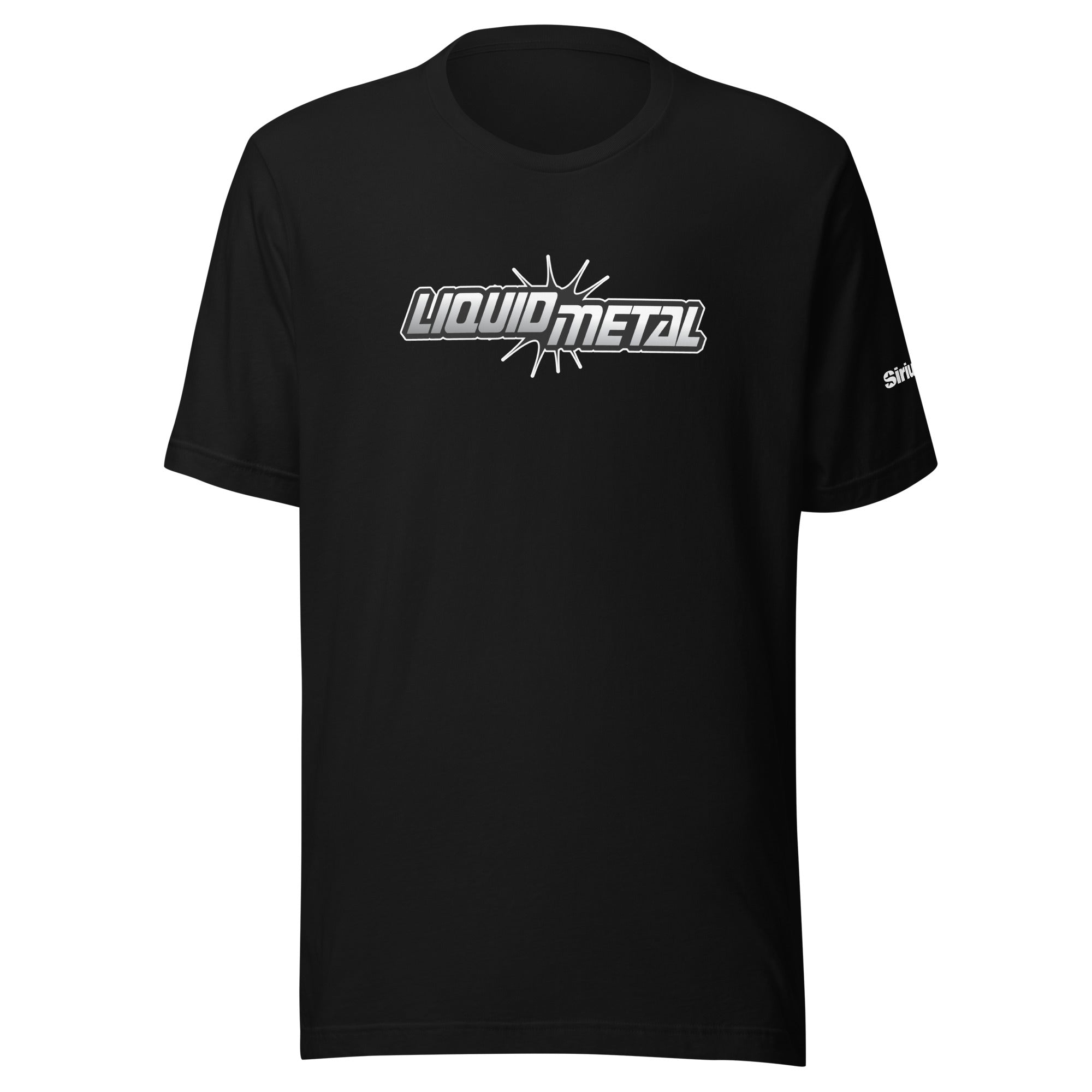 Black t-shirt featuring the 'Liquid Metal' logo in black, white and grey on the front, short sleeves.