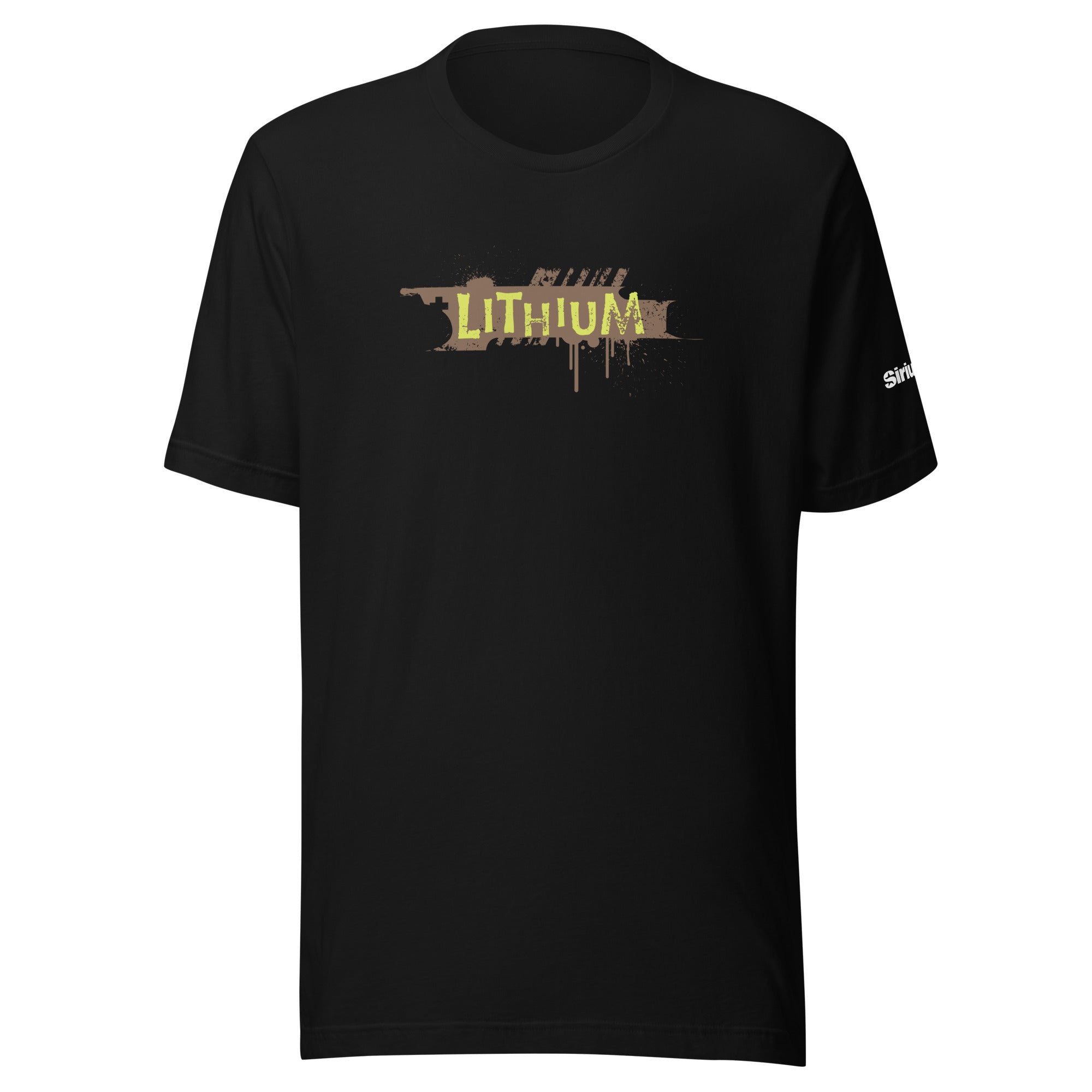 Black t-shirt featuring the word 'LITHIUM' in yellow with a dripping paint splatter effect.