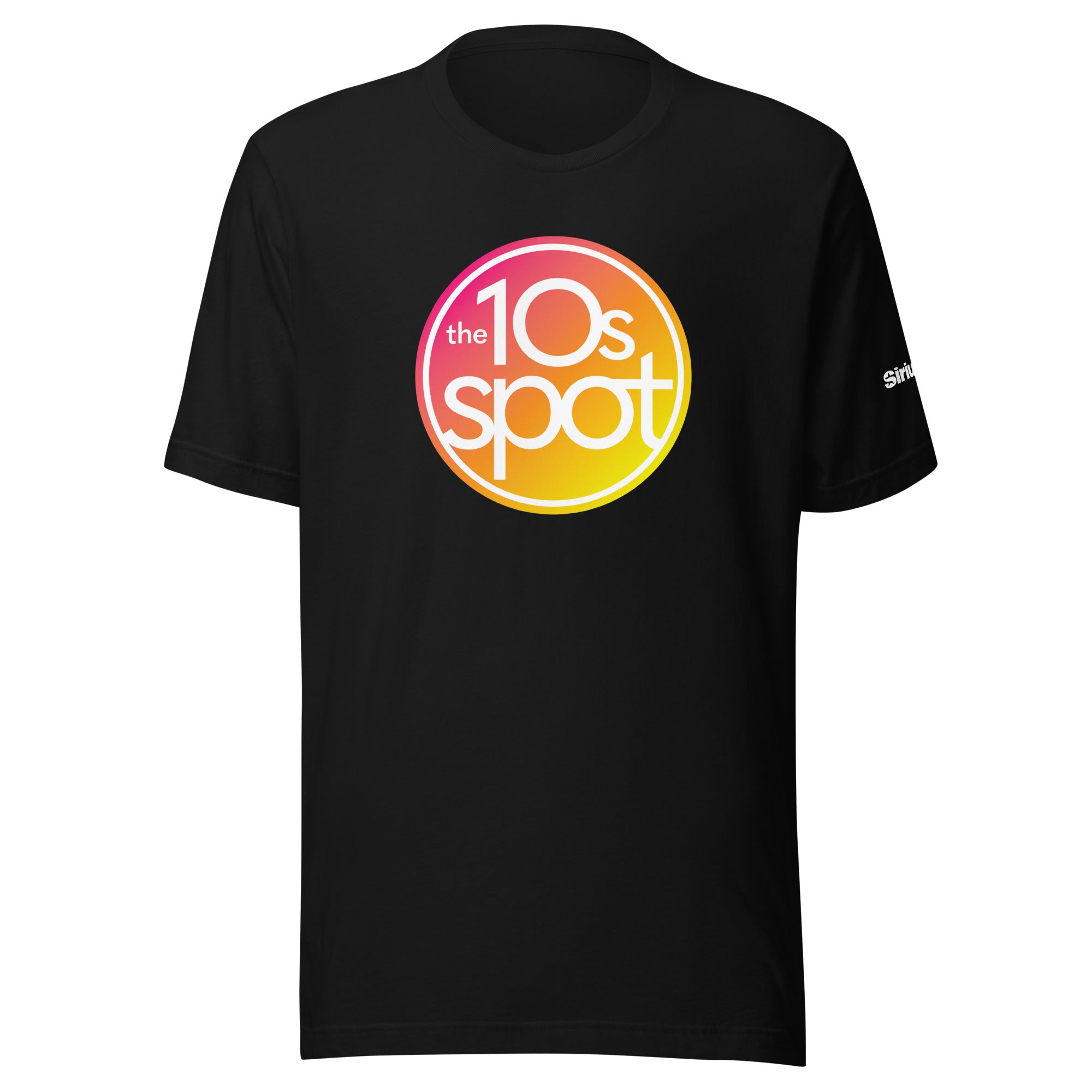 Black t-shirt featuring a colorful pink and orange circular logo with the text 'the 10s spot.'
