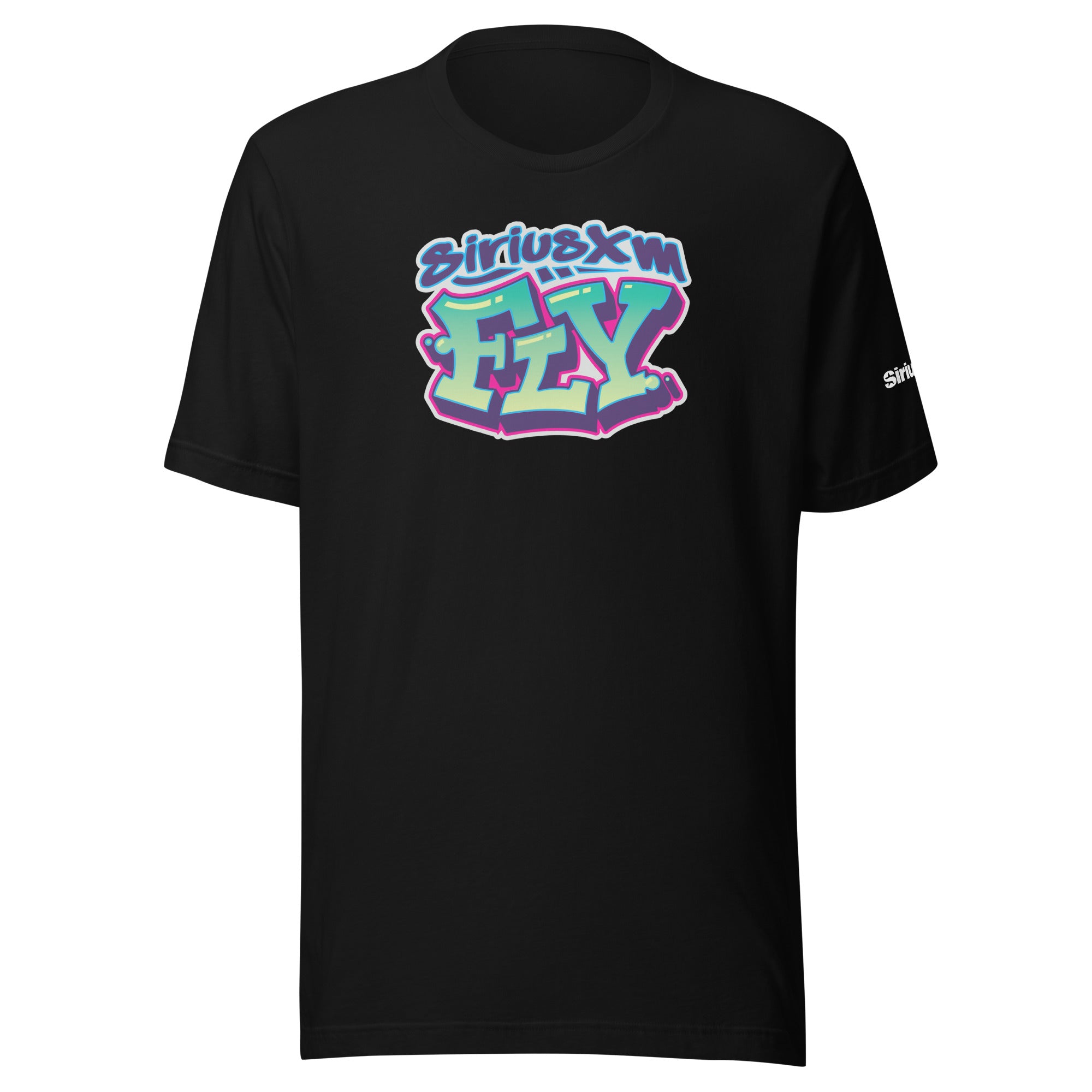 Black t-shirt featuring 'SiriusXM FLY' in colorful graffiti-style text on the front. Colors include blue, green, and pink.