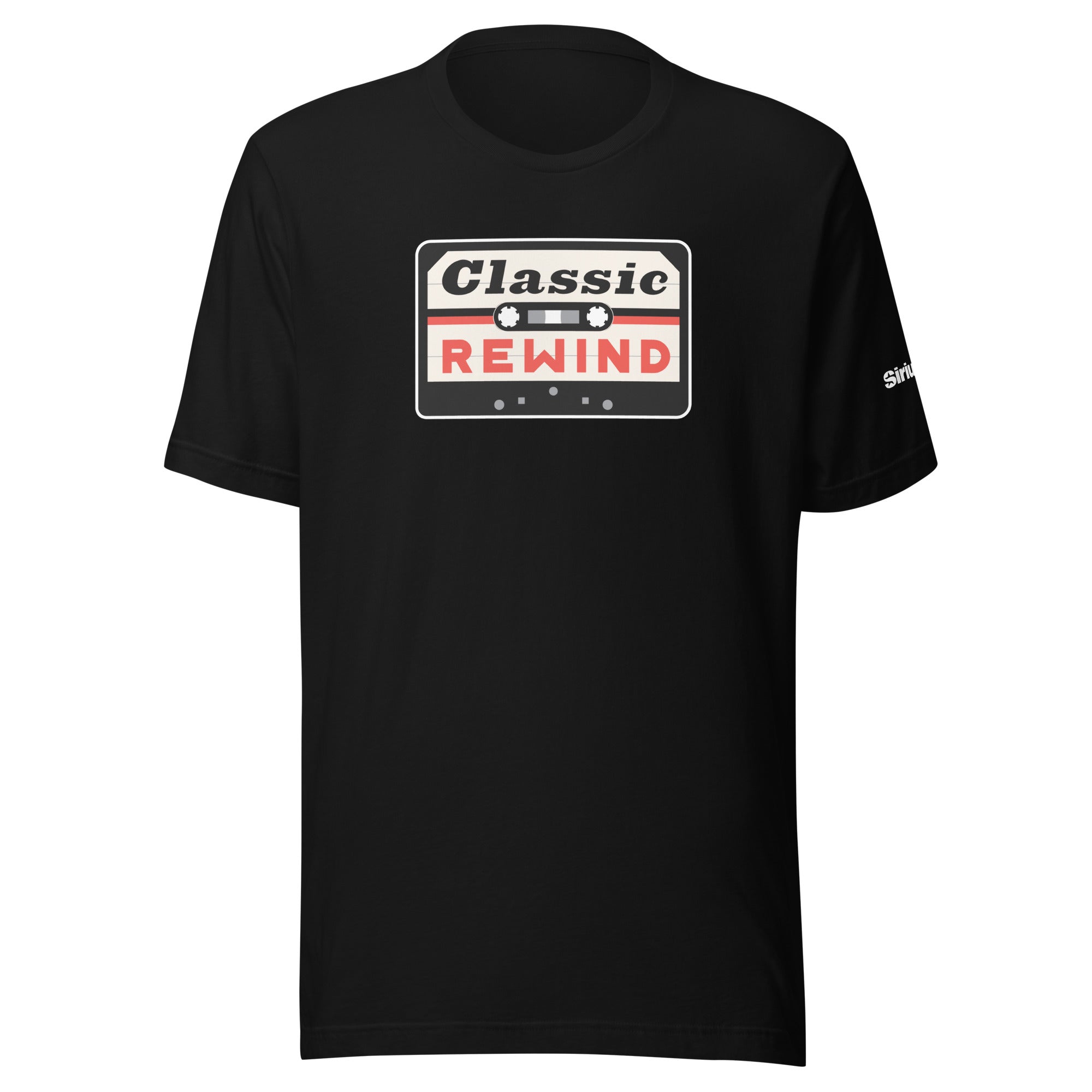 Black t-shirt featuring a cassette tape graphic with the text 'Classic REWIND' in red, white and black.