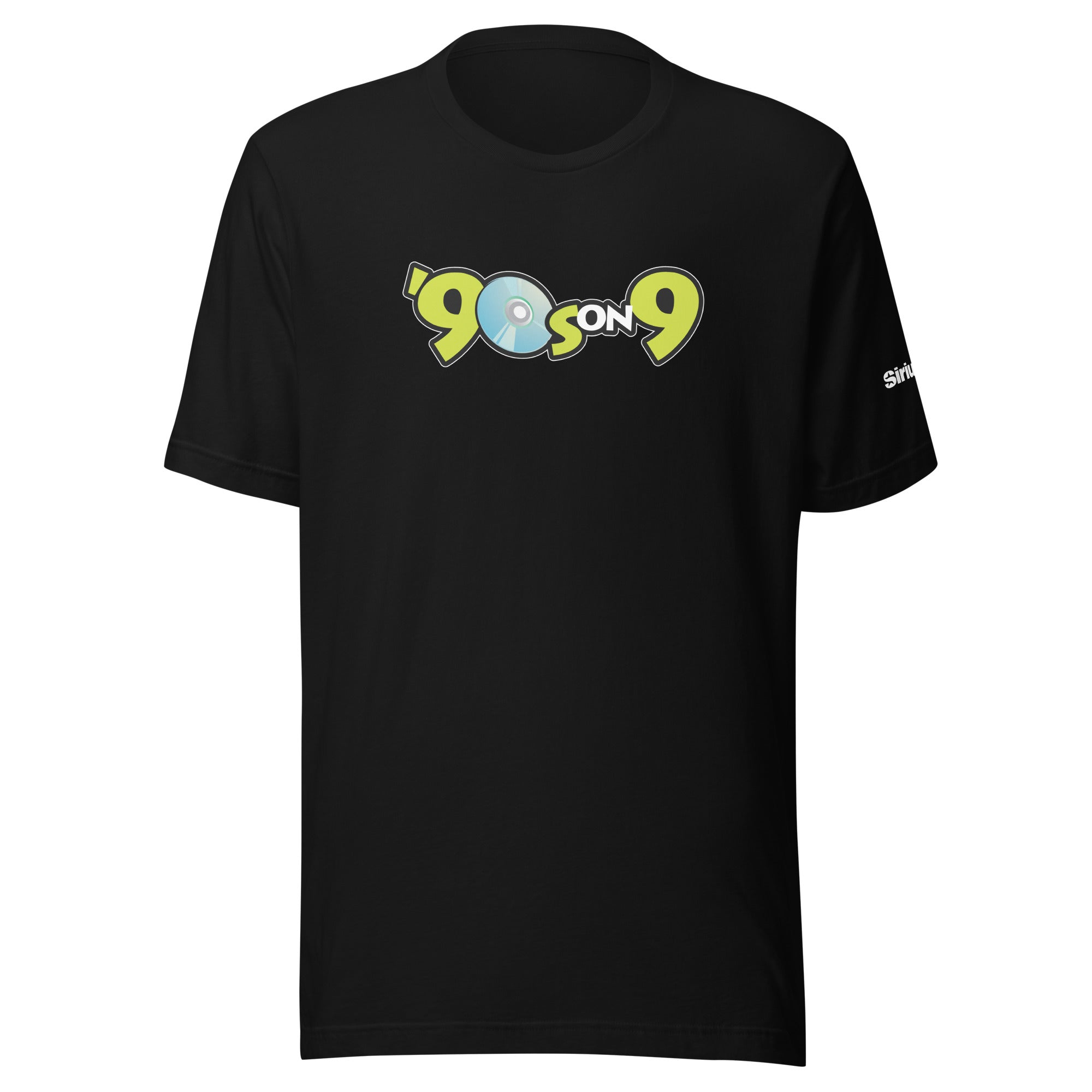 Black t-shirt with the text ''90s on 9' featuring a disc graphic in the center.