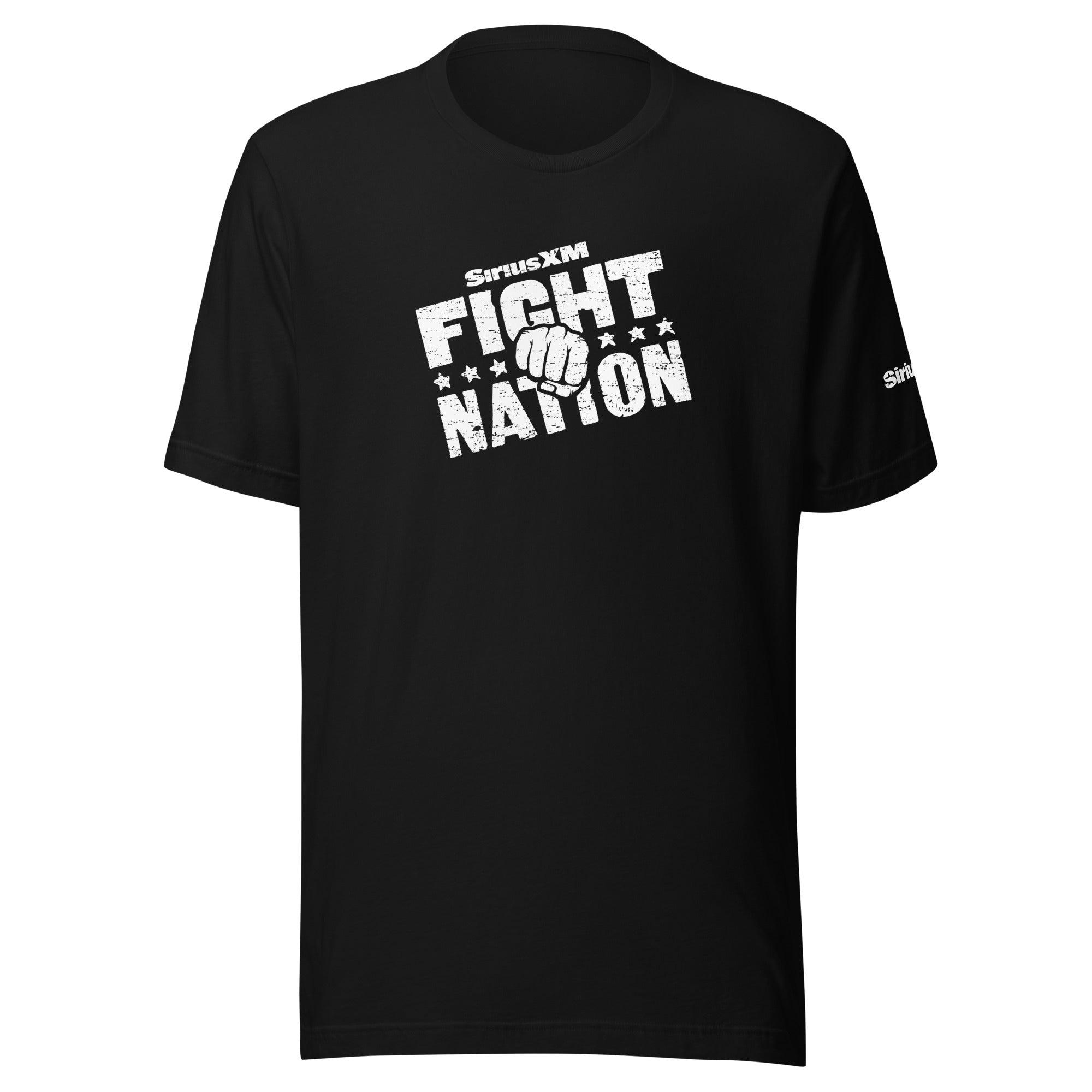 A black t-shirt against a white background. There is wording across he chest that features the SiriusXM logo and under that is "FIGHT NATION" separated by stars and a fisted punch in the middle.