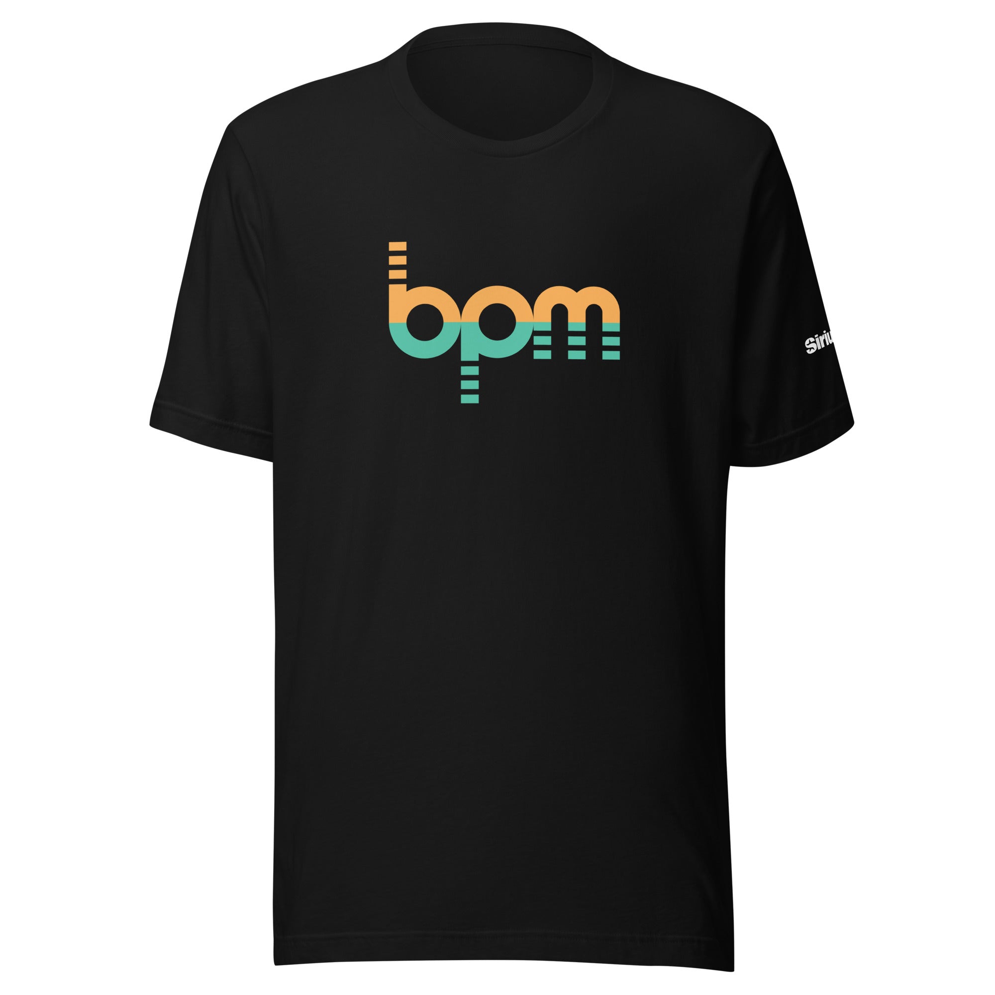 Black t-shirt featuring colorful 'bpm' graphic design in orange and green on the front.