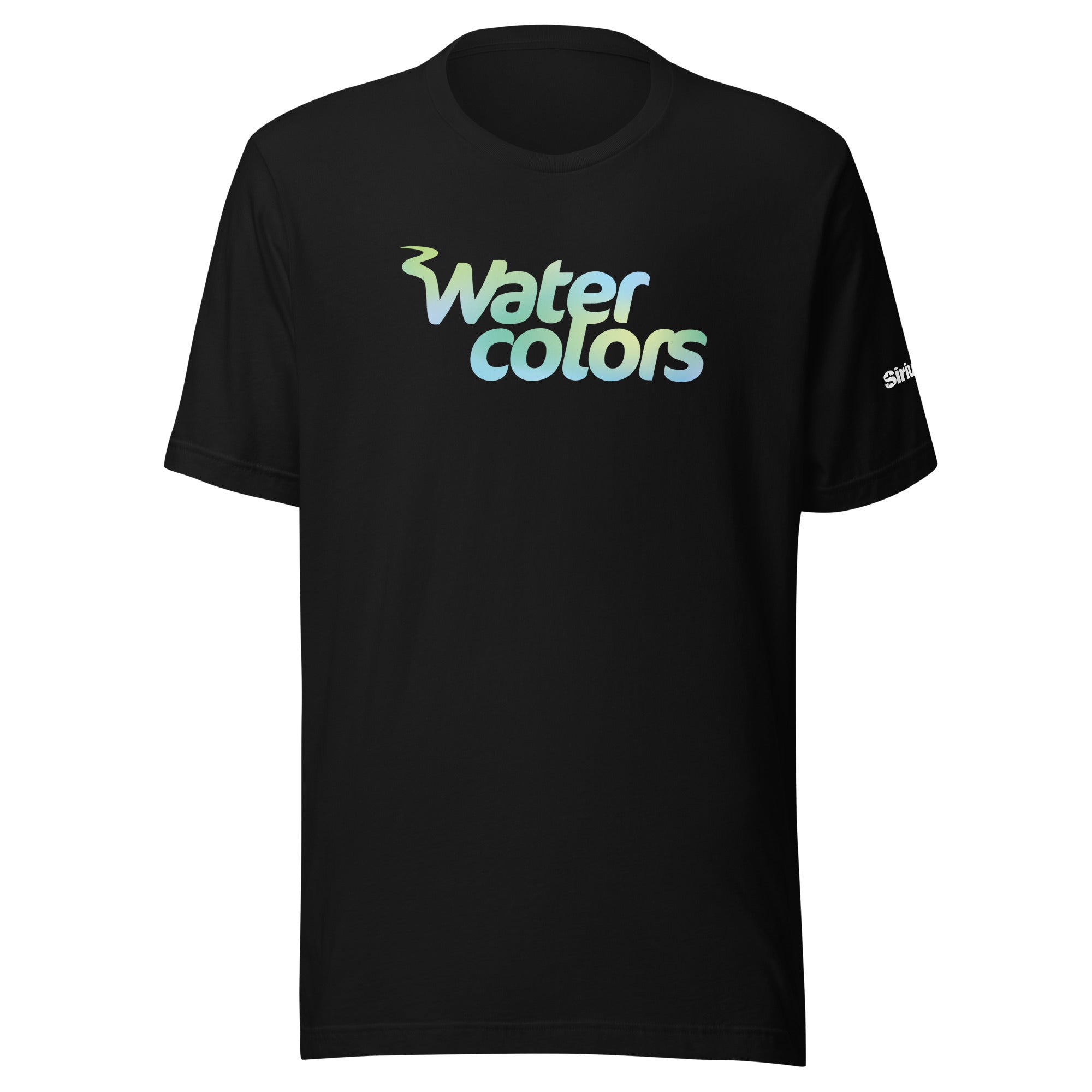 Black t-shirt featuring a 'Water Colors' in a gradient green and blue design.