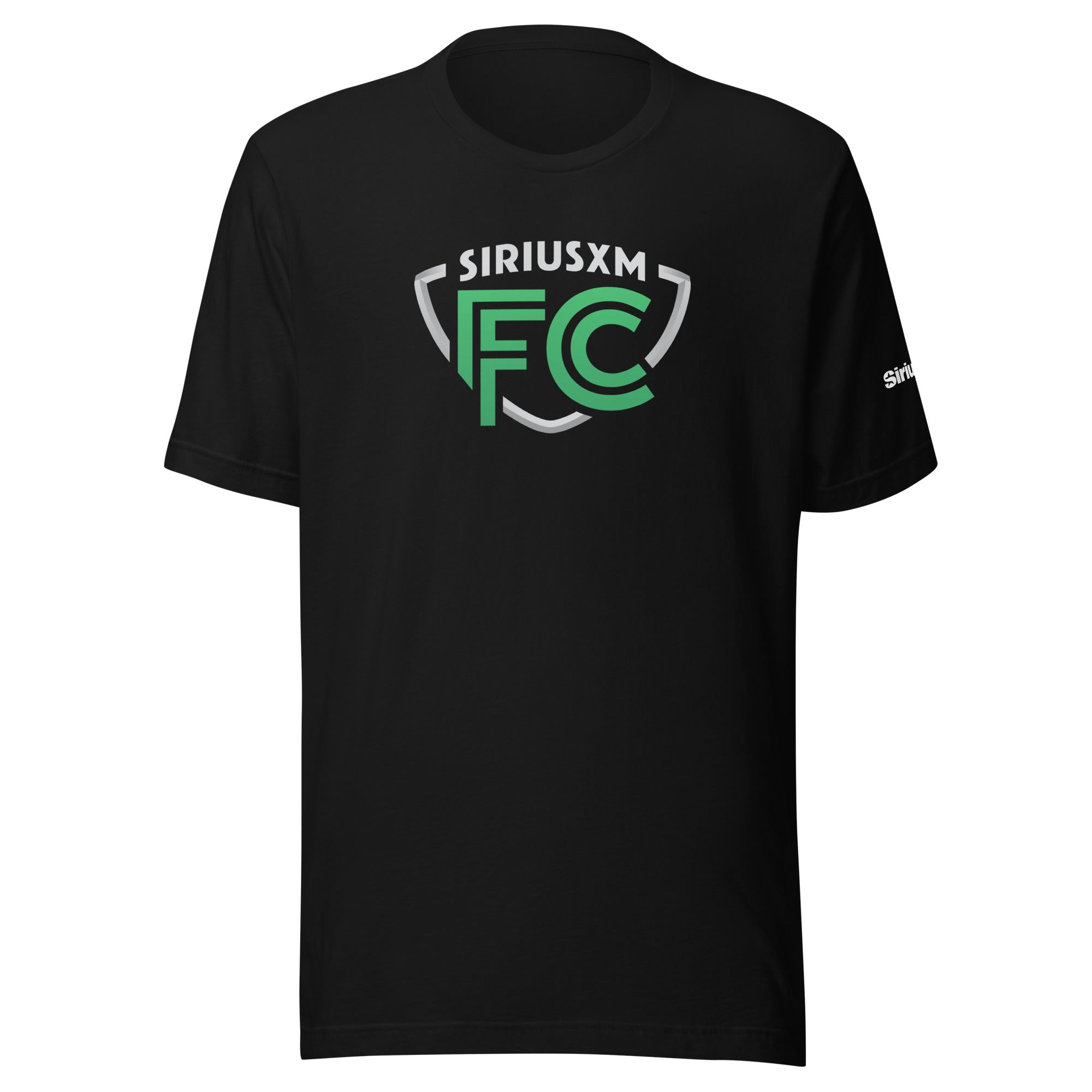 Black t-shirt featuring 'SiriusXM FC' logo in green and grey.