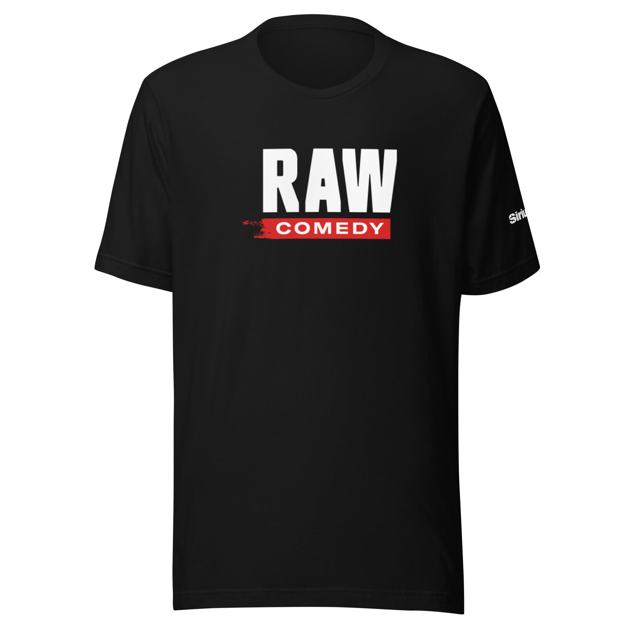 Black t-shirt featuring bold white text 'RAW' and red text 'COMEDY' underneath.