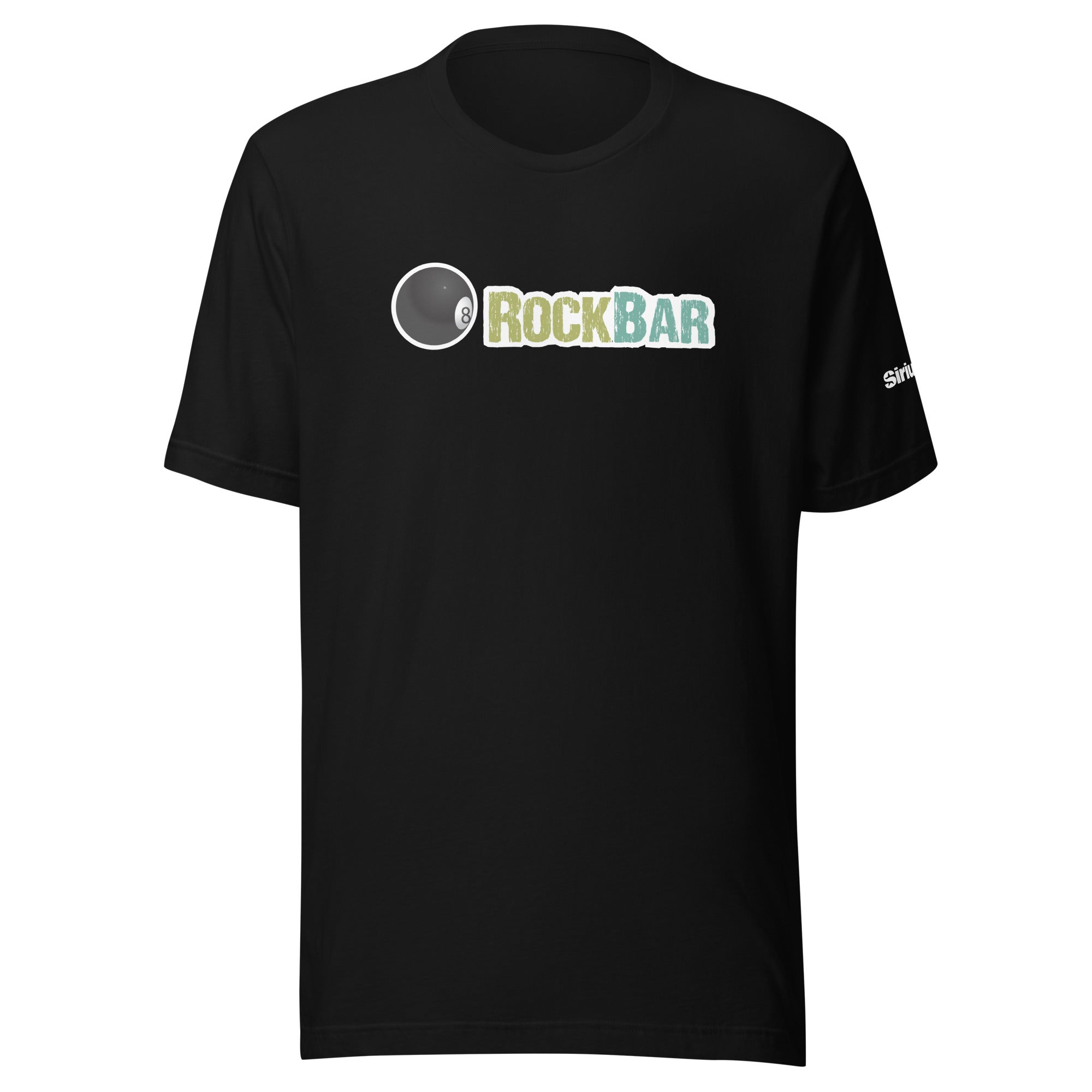 Black t-shirt featuring the text 'ROCKBAR' and a billiard ball logo.