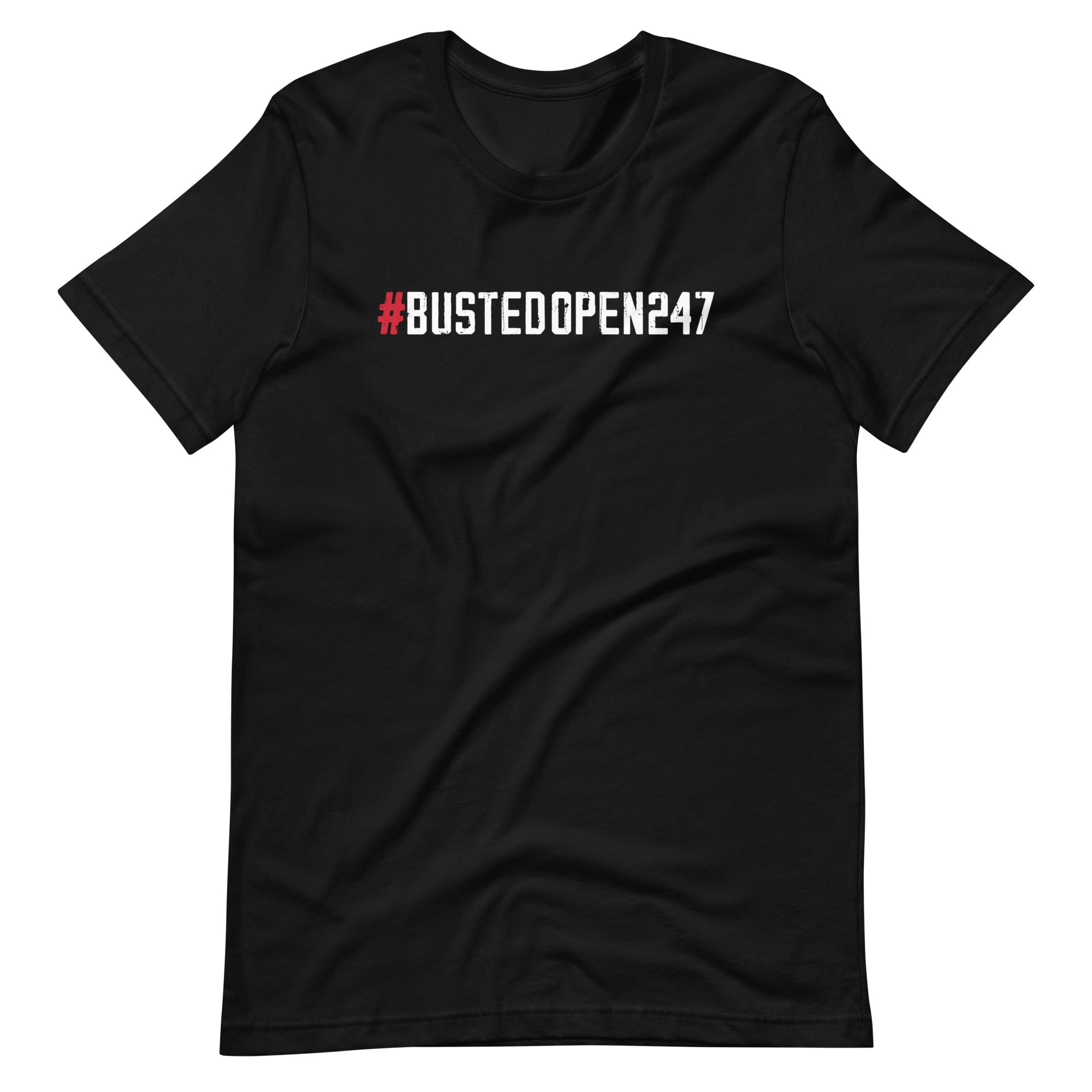 Black t-shirt featuring the hashtag '#BUSTEDOPEN247' in bold white and red lettering.