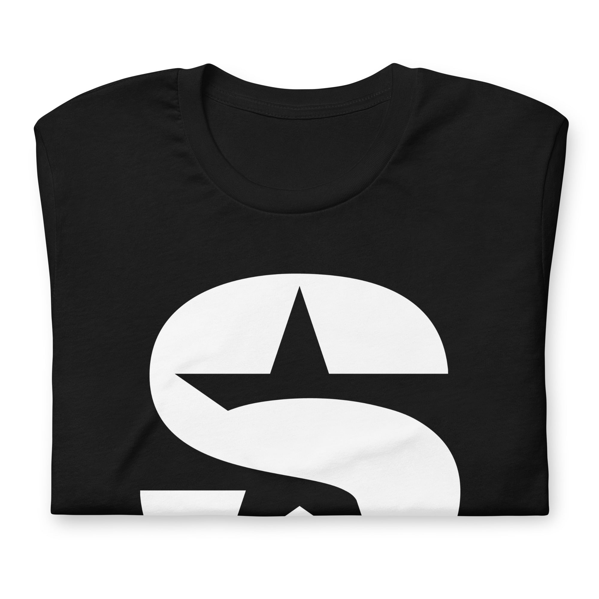 Black t-shirt with a large white graphic design featuring the 'S' logo.