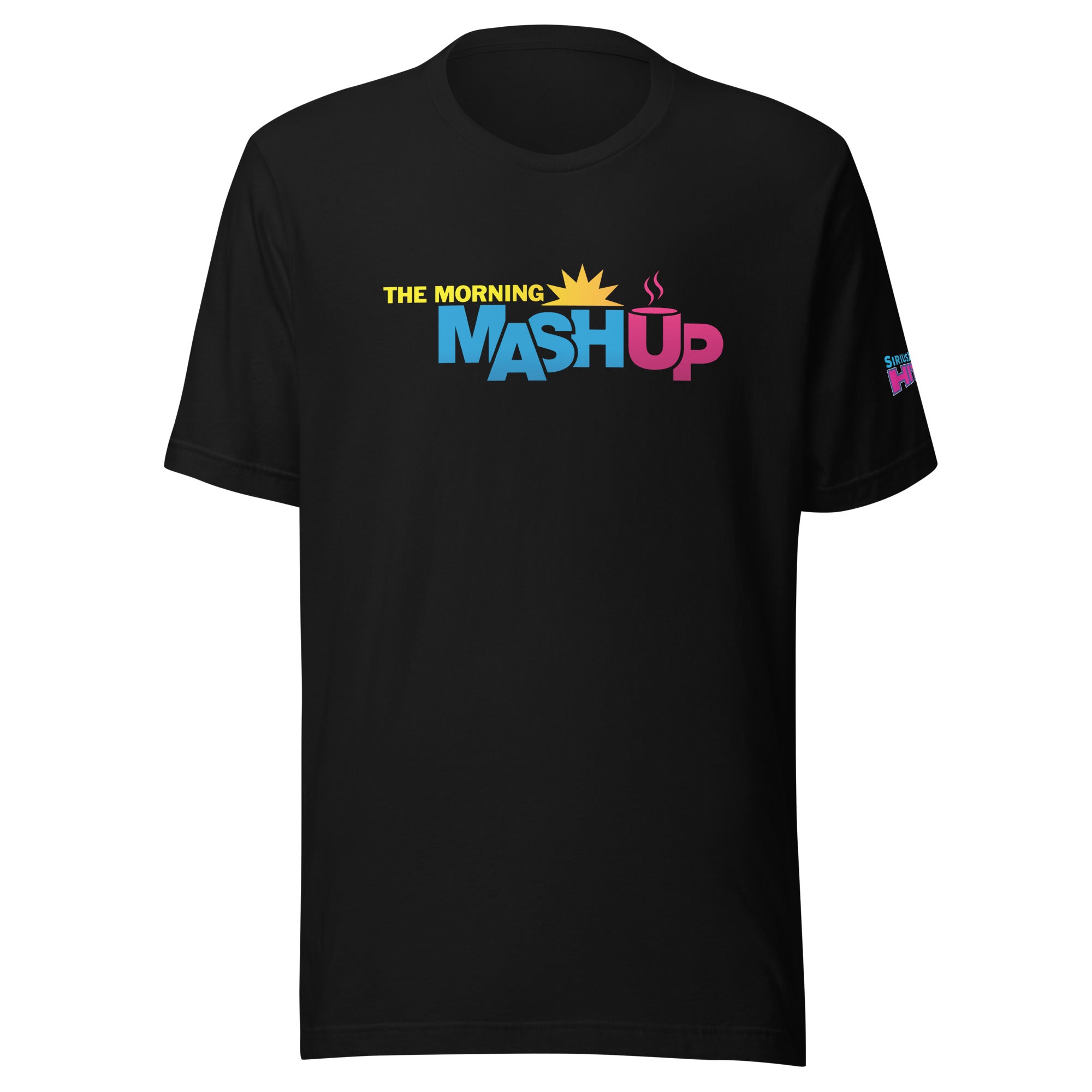 Black T-shirt featuring the text 'THE MORNING MASH UP' in yellow, blue and pink letters with a sun and coffee cup graphic.