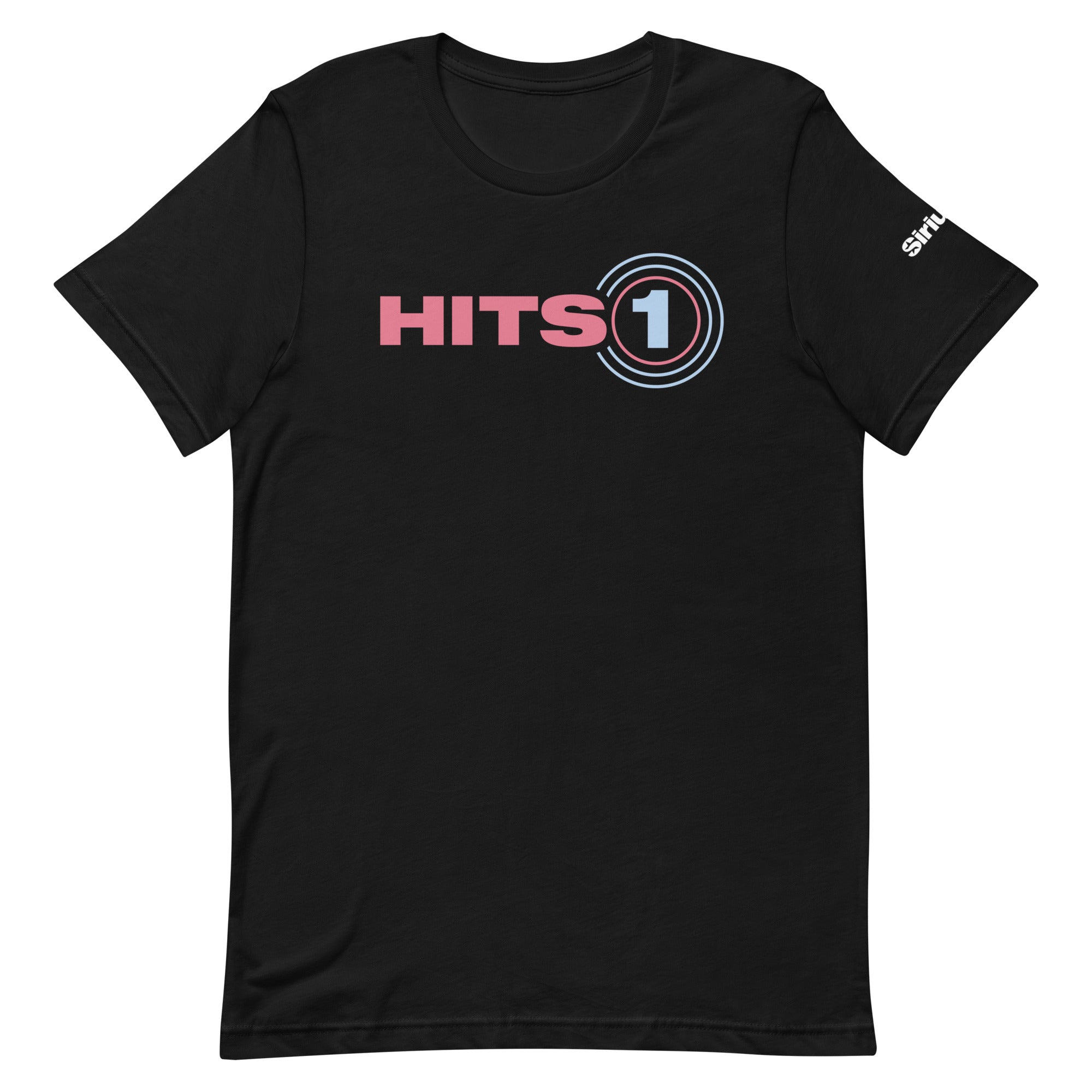 Black tshirt with 'Hits 1" logo on center chest and 'SiriusXM' on sleeve.