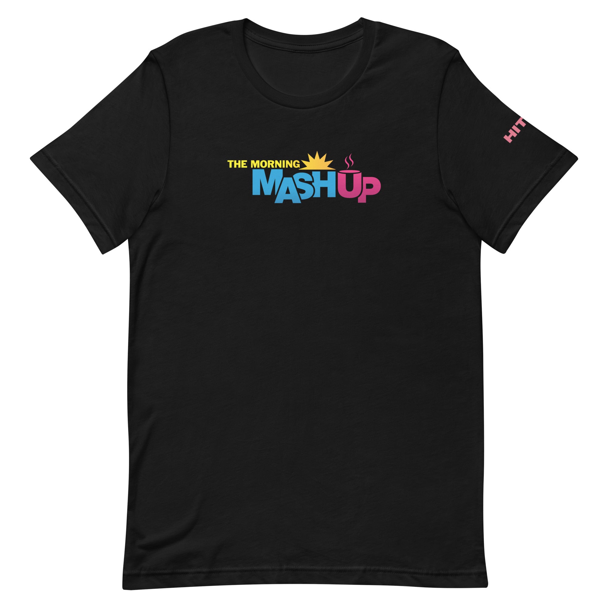 Black t-shirt with colorful 'The Morning Mashup' logo on a white background