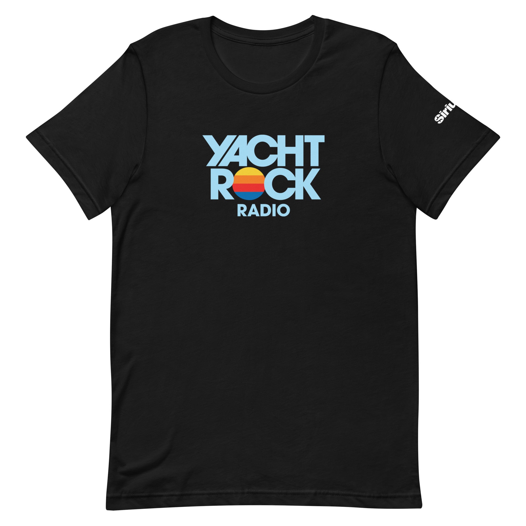 Black t-shirt with 'YACHT ROCK RADIO' text and logo on a white background