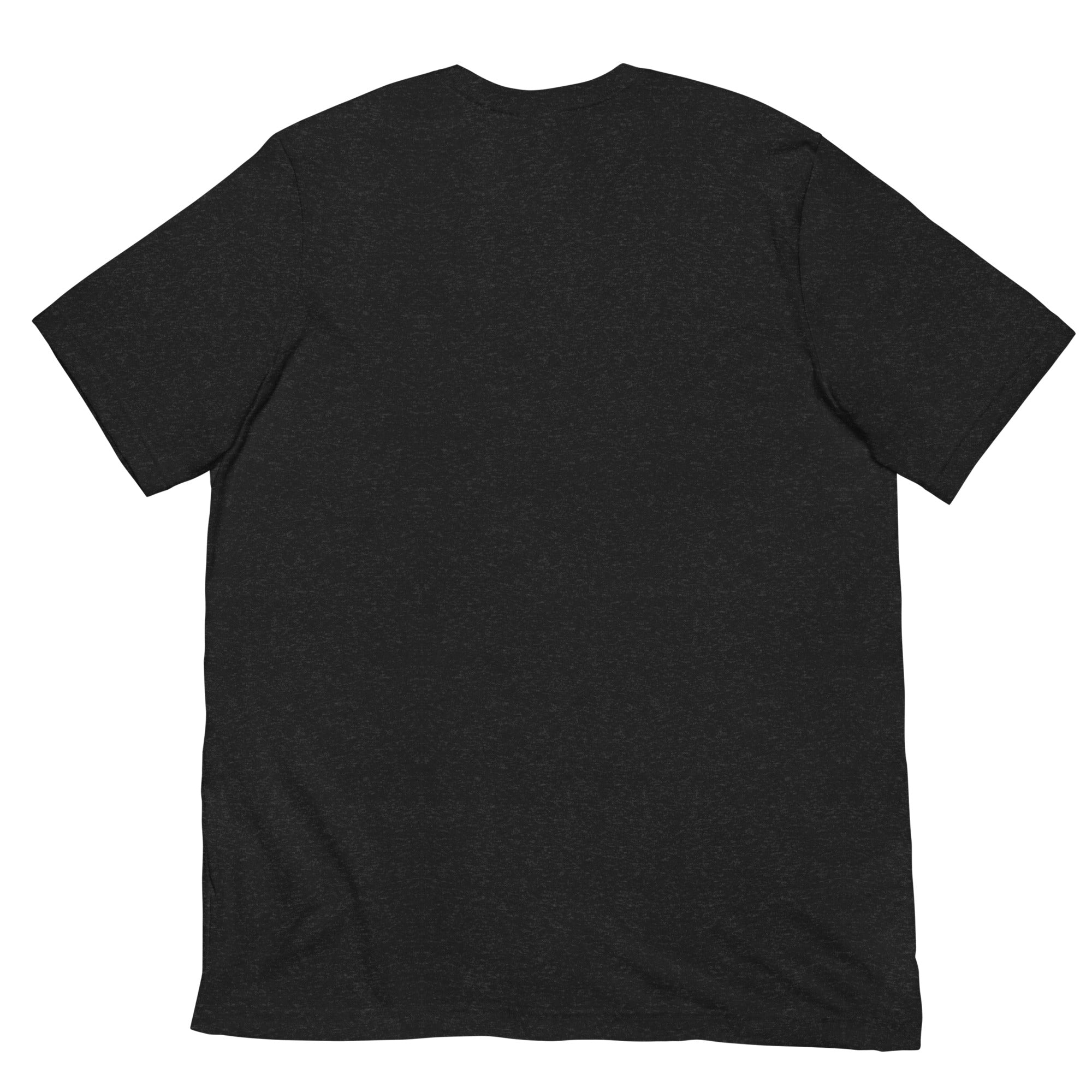 Back view of a black heather unisex T-shirt laid flat, with no graphics or text.