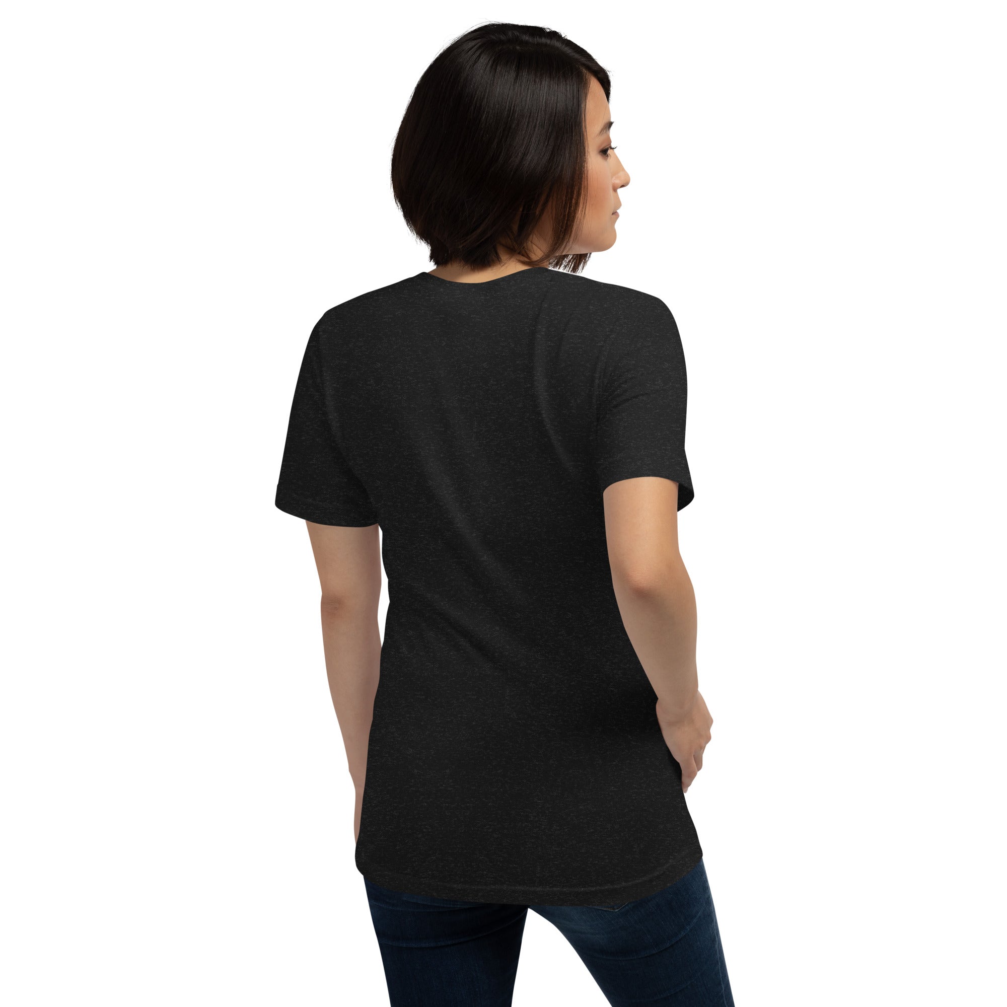 A woman shown from the back wearing a black heather short-sleeve T-shirt. The shirt is plain on the back with no design visible.