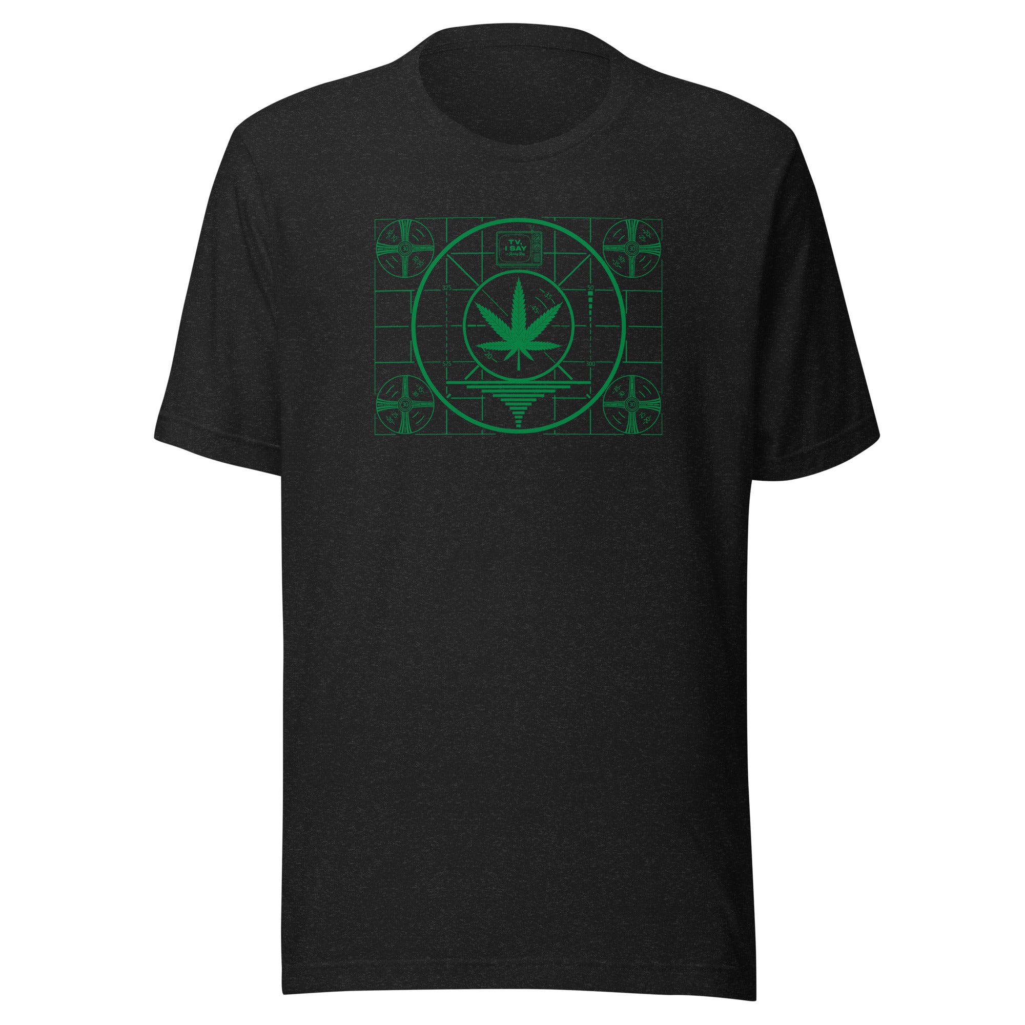 Black t-shirt featuring a green graphic of a marijuana leaf within a geometric design.
