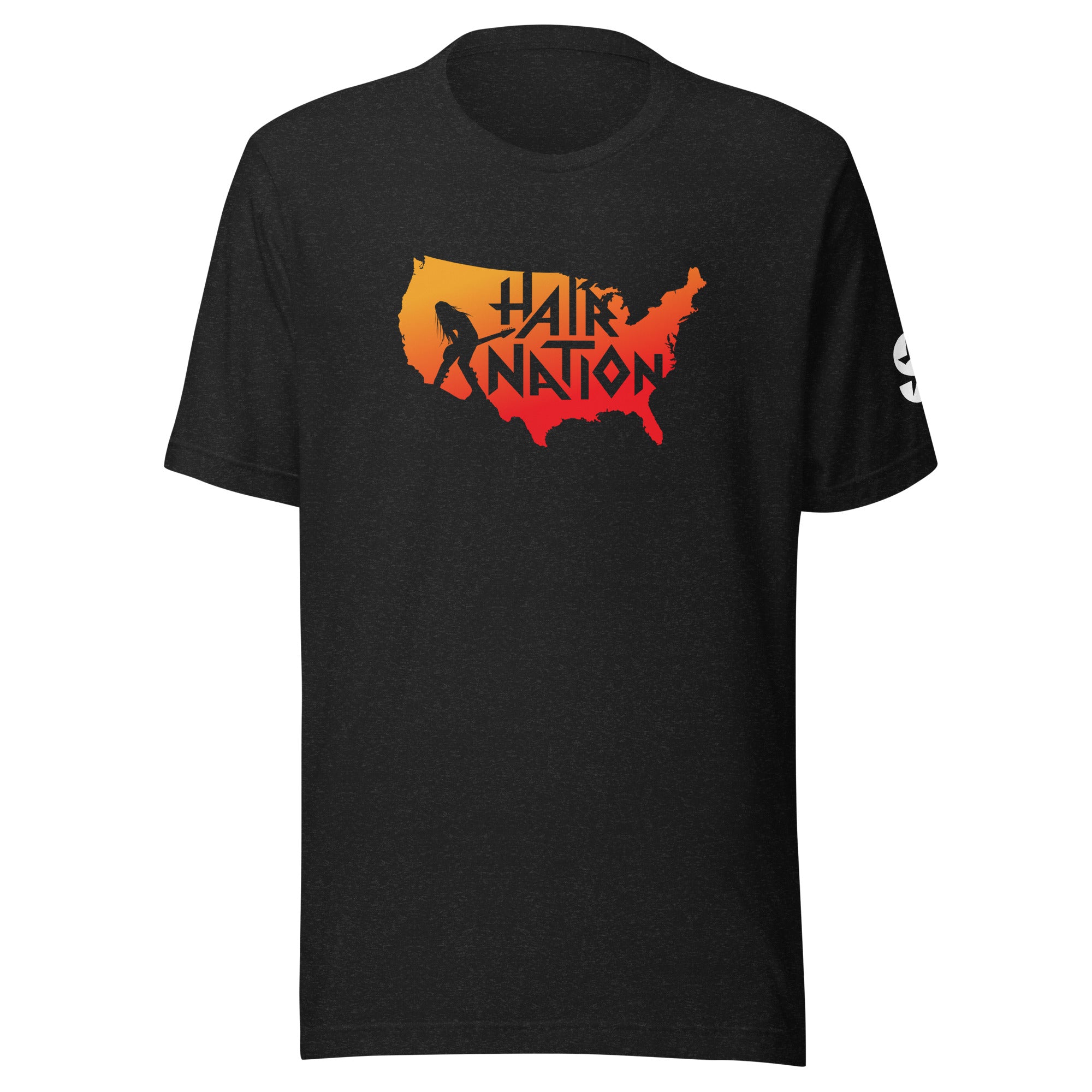 Black t-shirt featuring 'Hair Nation' logo with a silhouette of the U.S. in gradient orange and red.