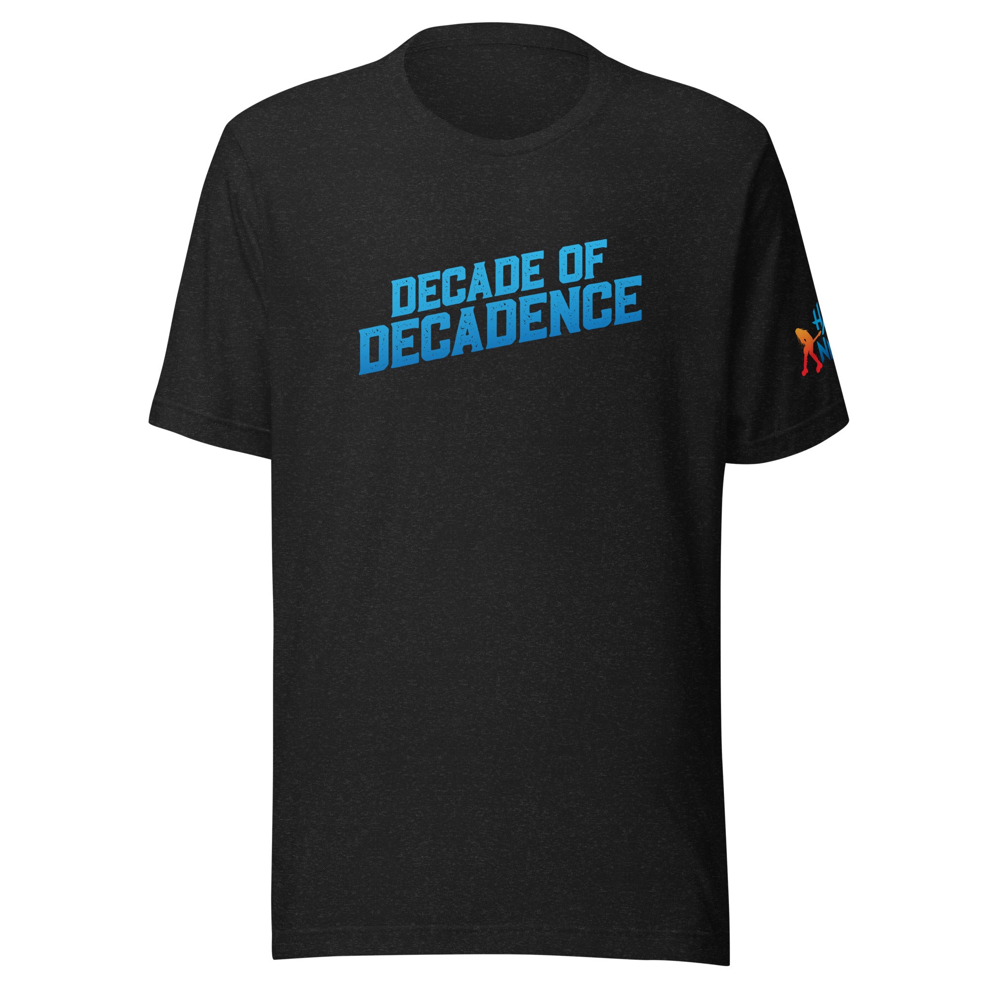 Black T-shirt with blue text 'DECADE OF DECADENCE' on the front and colorful 'Hair Nation' graphic on the sleeve.