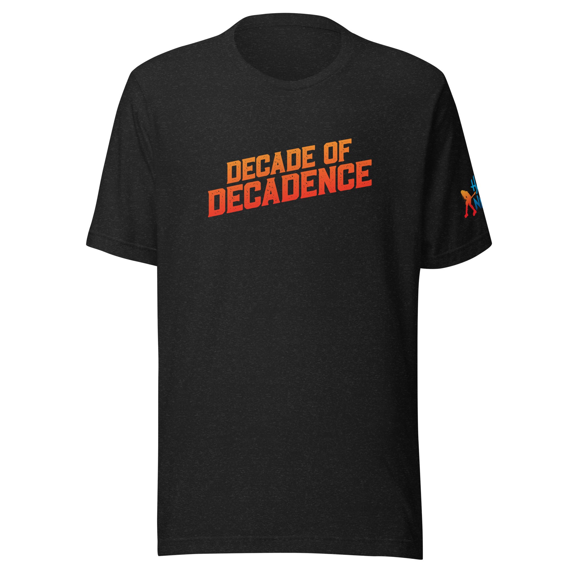 Black t-shirt featuring the phrase 'Decade of Decadence' in bold orange and yellow text.