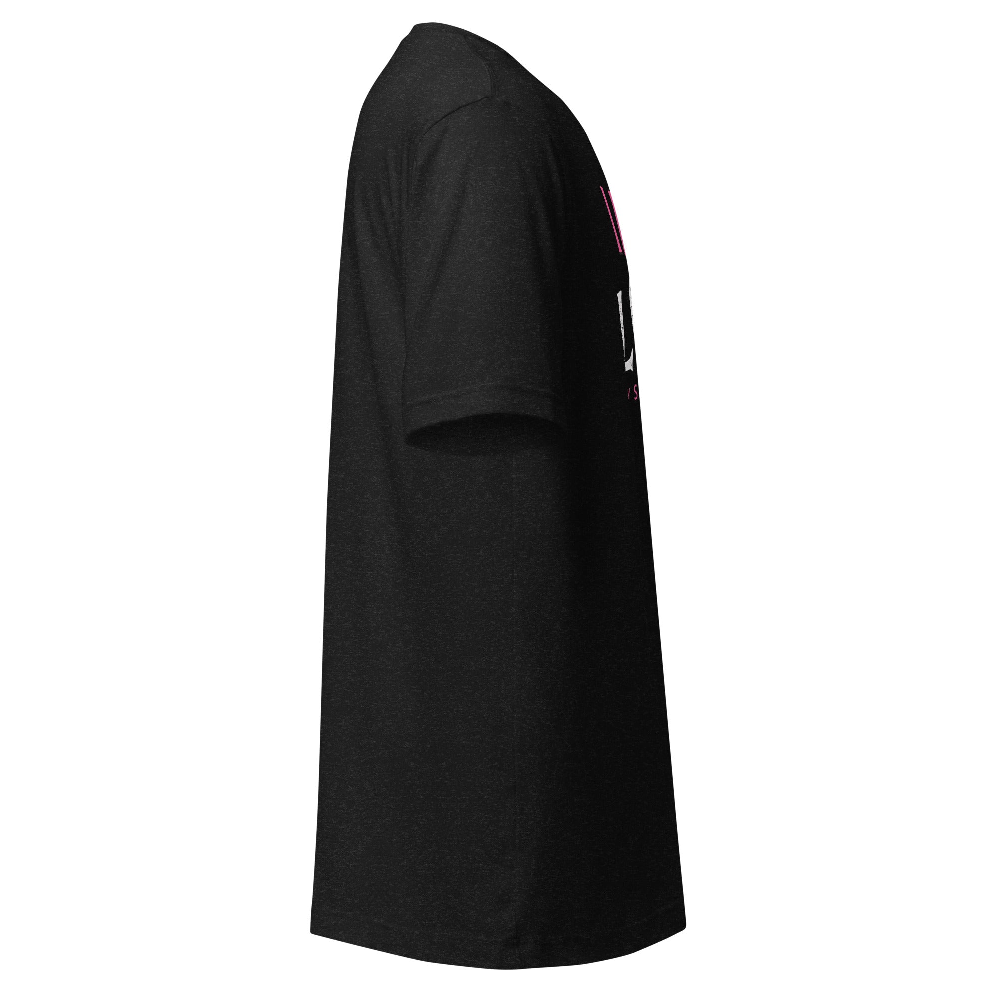 Right side view of black T-shirt featuring partially visible pink and white lettering of frontside graphic against a white background. 
