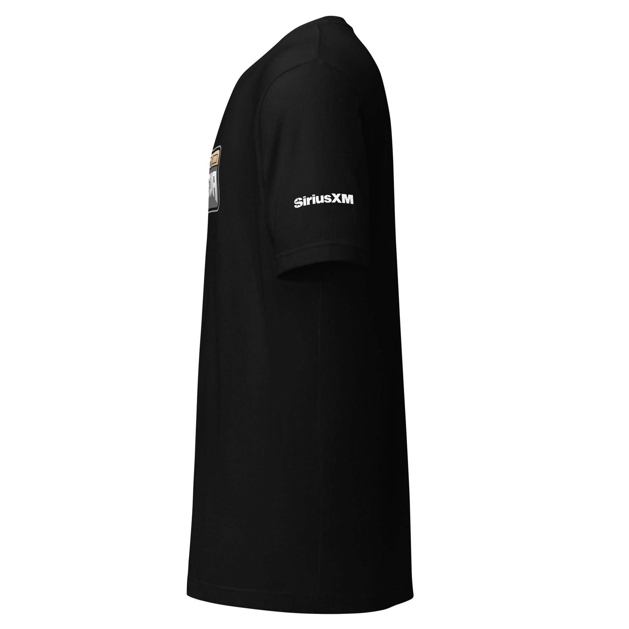 Side view of a black t-shirt featuring white 'SiriusXM' logo on the sleeve.