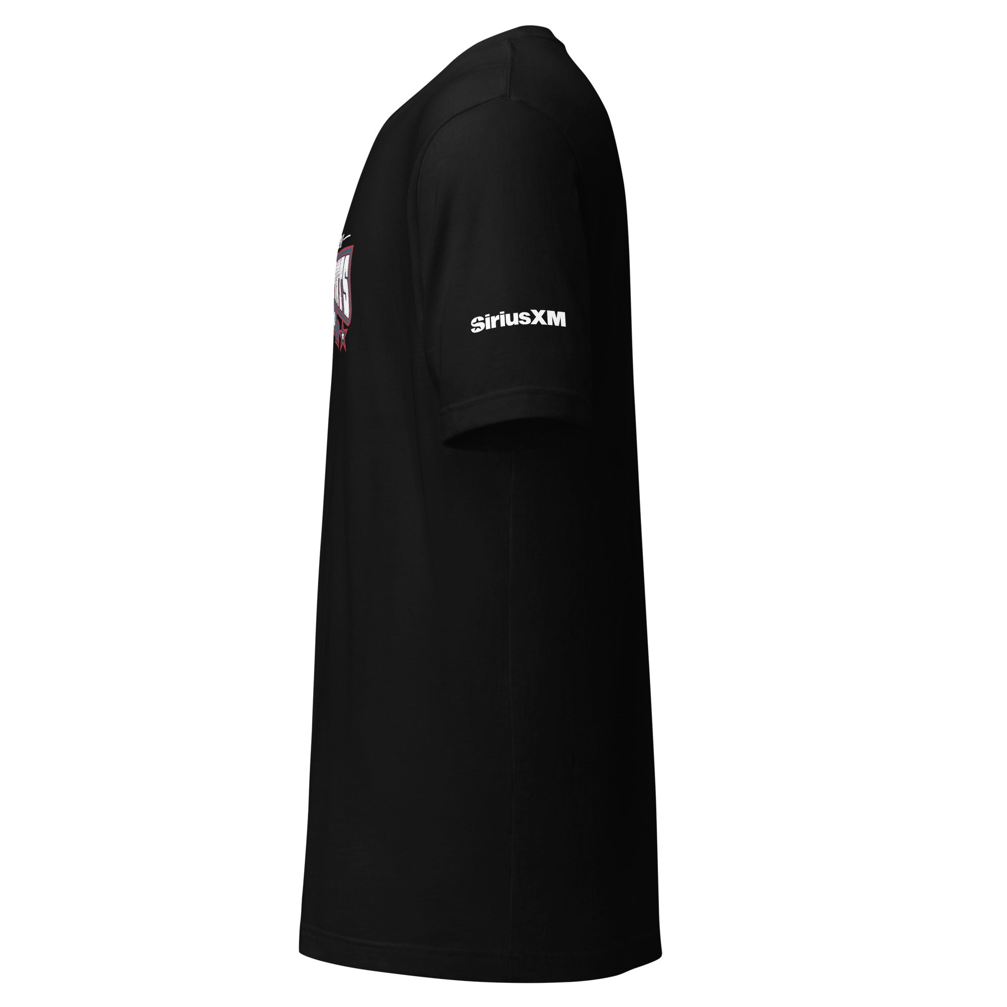 Black t-shirt featuring white 'SiriusXM' branding on the sleeve, shown from the side.