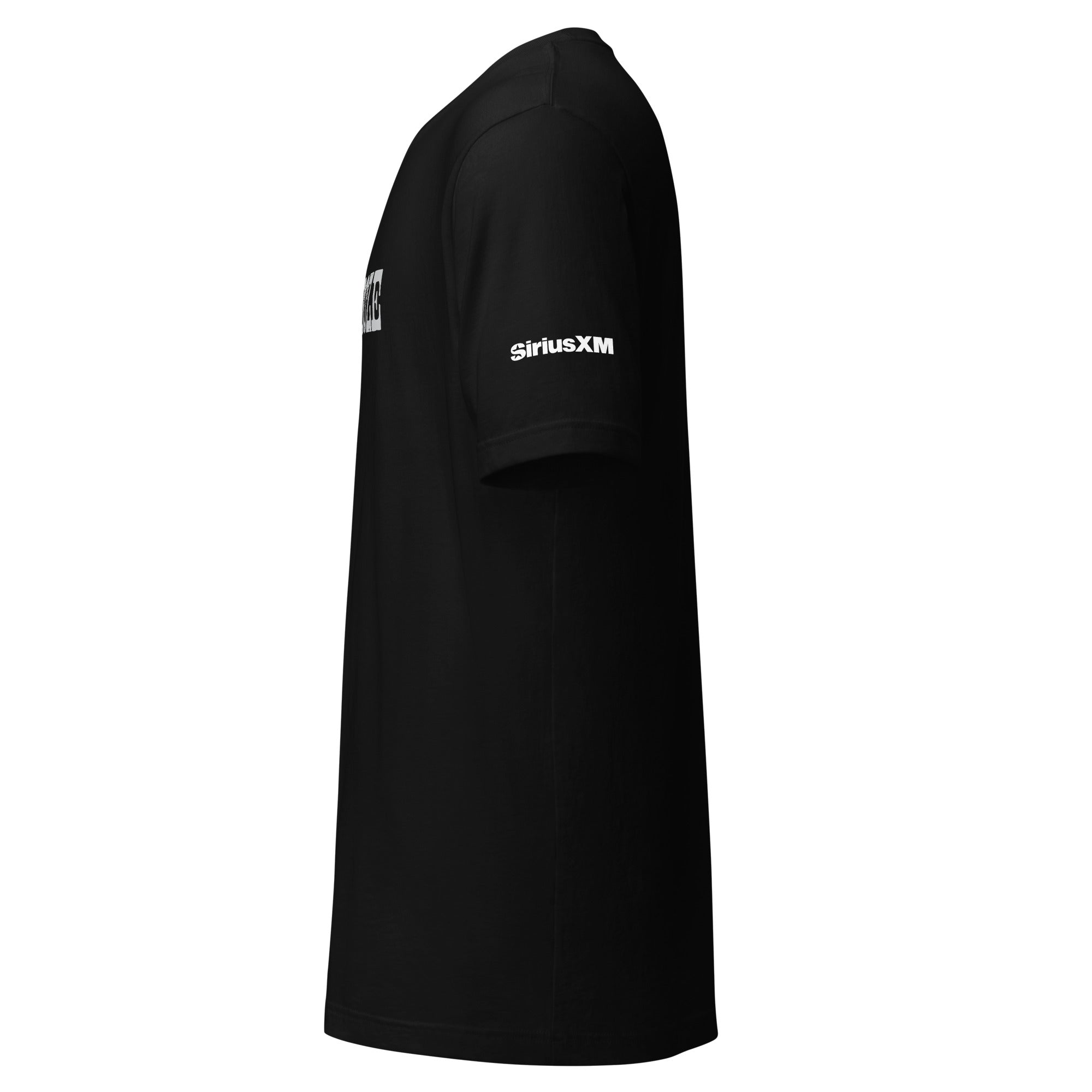 Black t-shirt viewed from the side, featuring 'SiriusXM' logo on the sleeve.