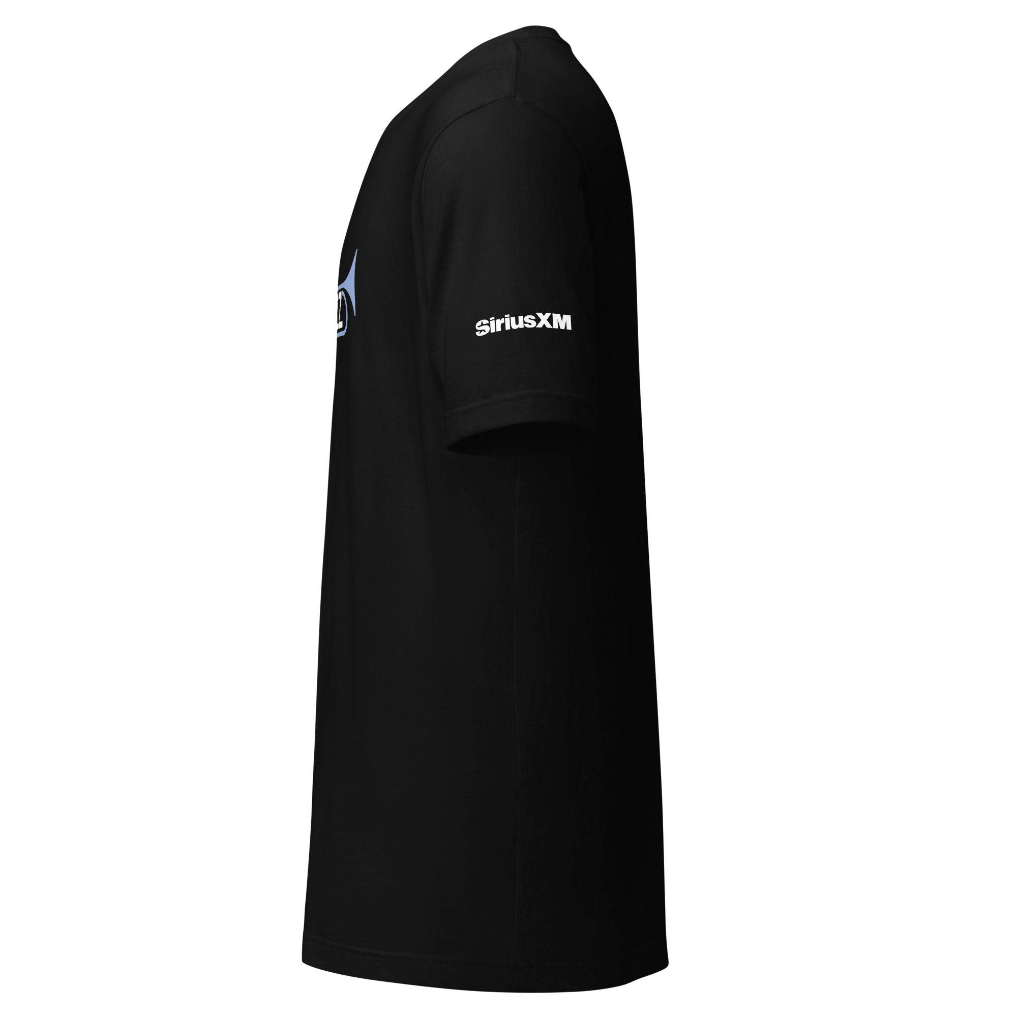 Black t-shirt viewed from the side, featuring 'SiriusXM' logo printed on the sleeve.