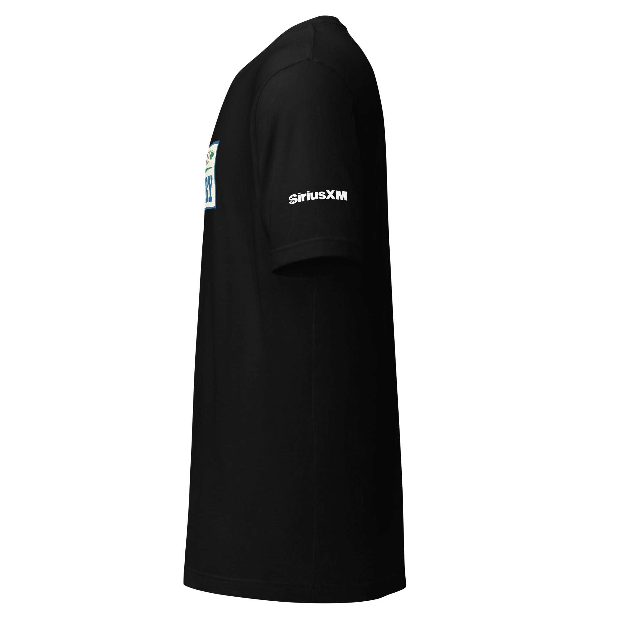 Black t-shirt with a side view, featuring a colorful design on the front and 'SiriusXM' logo on the sleeve.