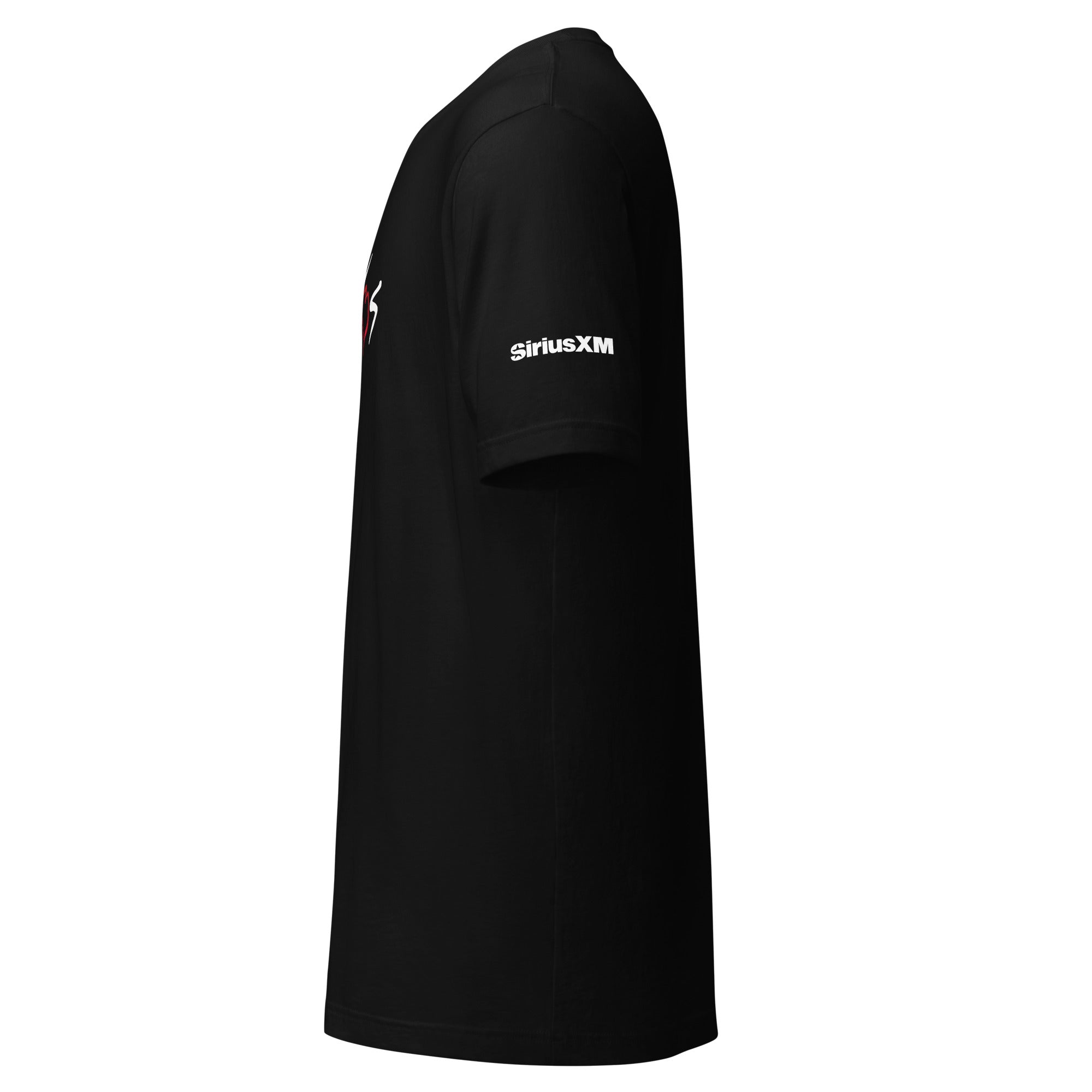 Black t-shirt displayed from the side, featuring a logo on the sleeve.
