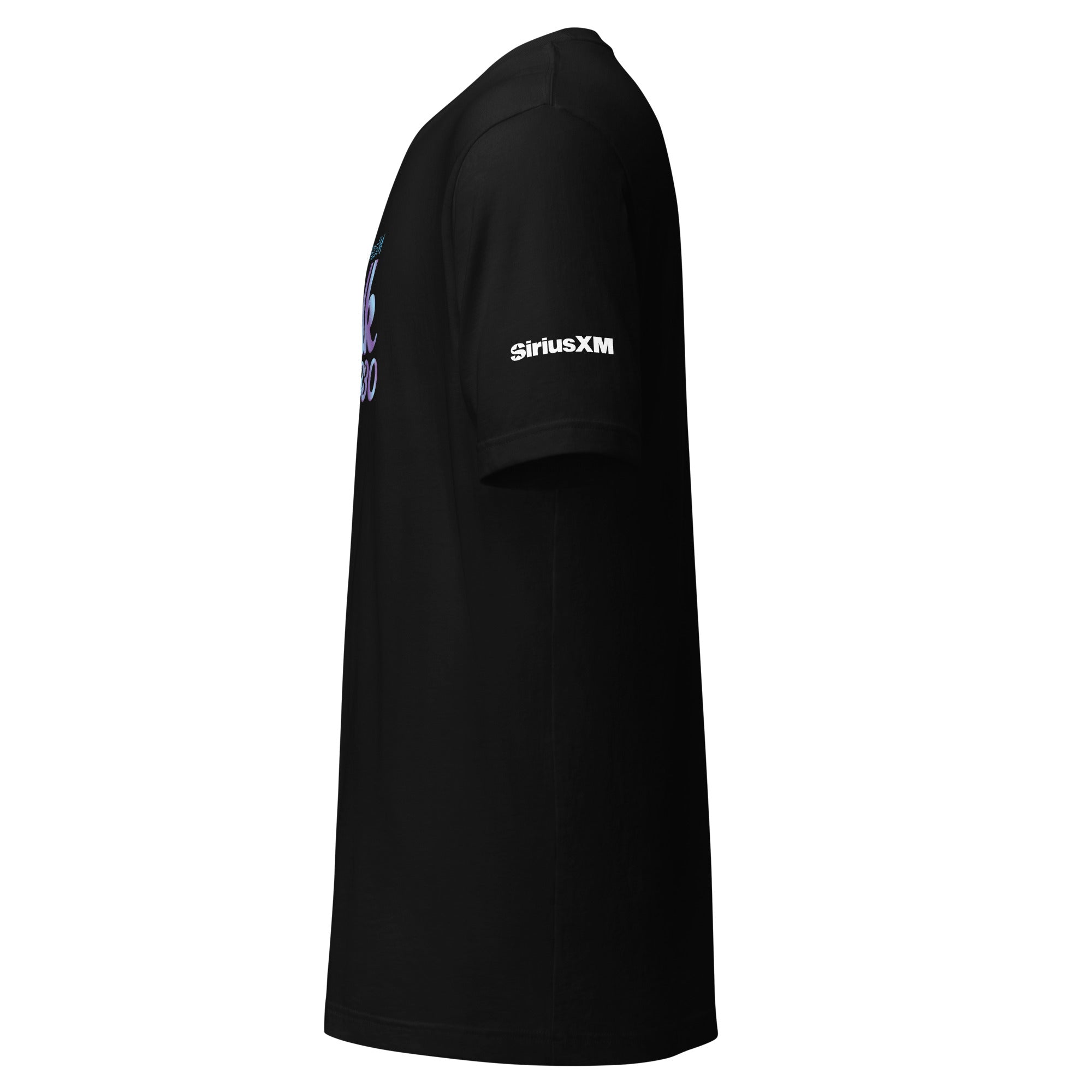 Black t-shirt viewed from the side, featuring 'SiriusXM' logo on the sleeve.
