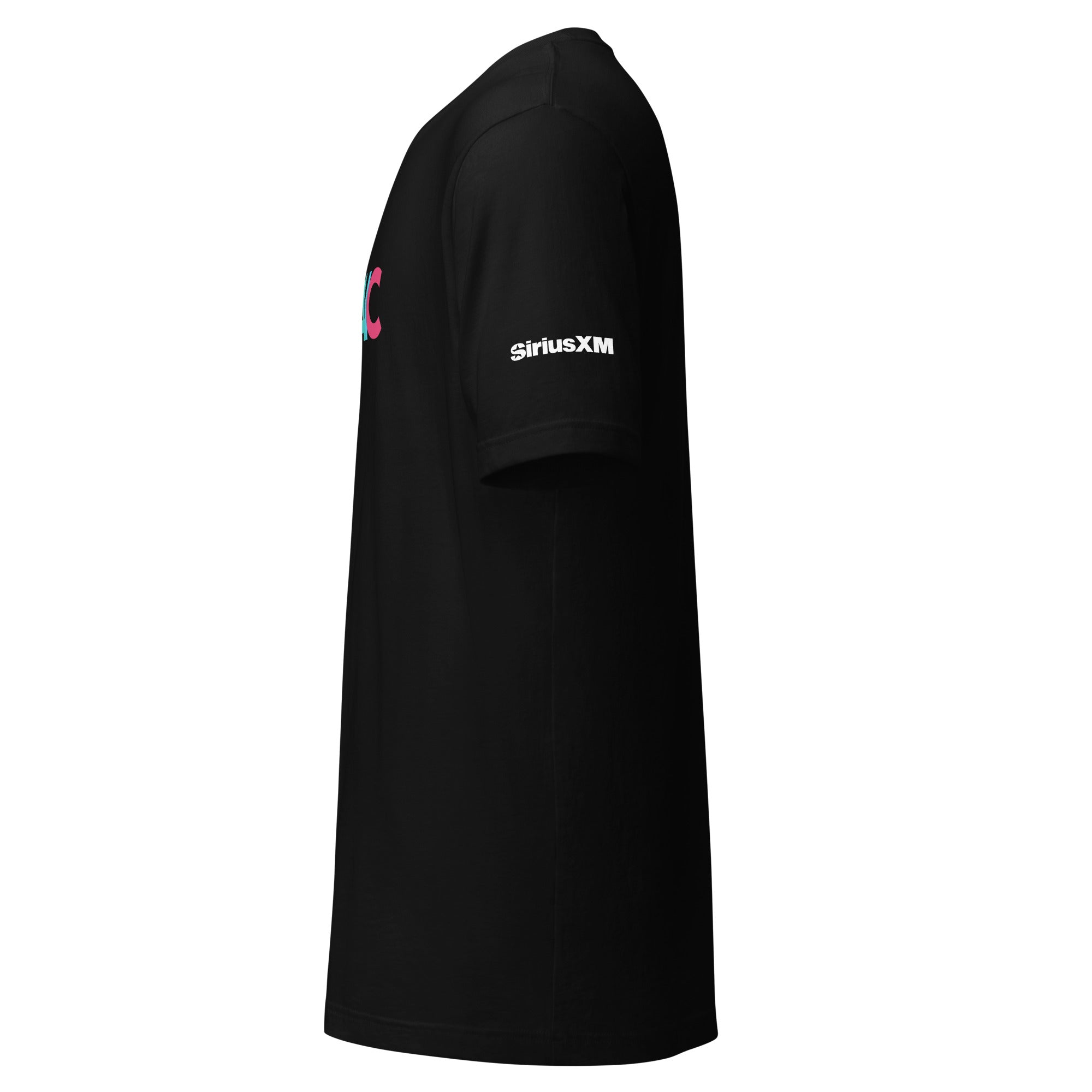 Black t-shirt featuring 'SiriusXM' logo on the sleeve. Side view.
