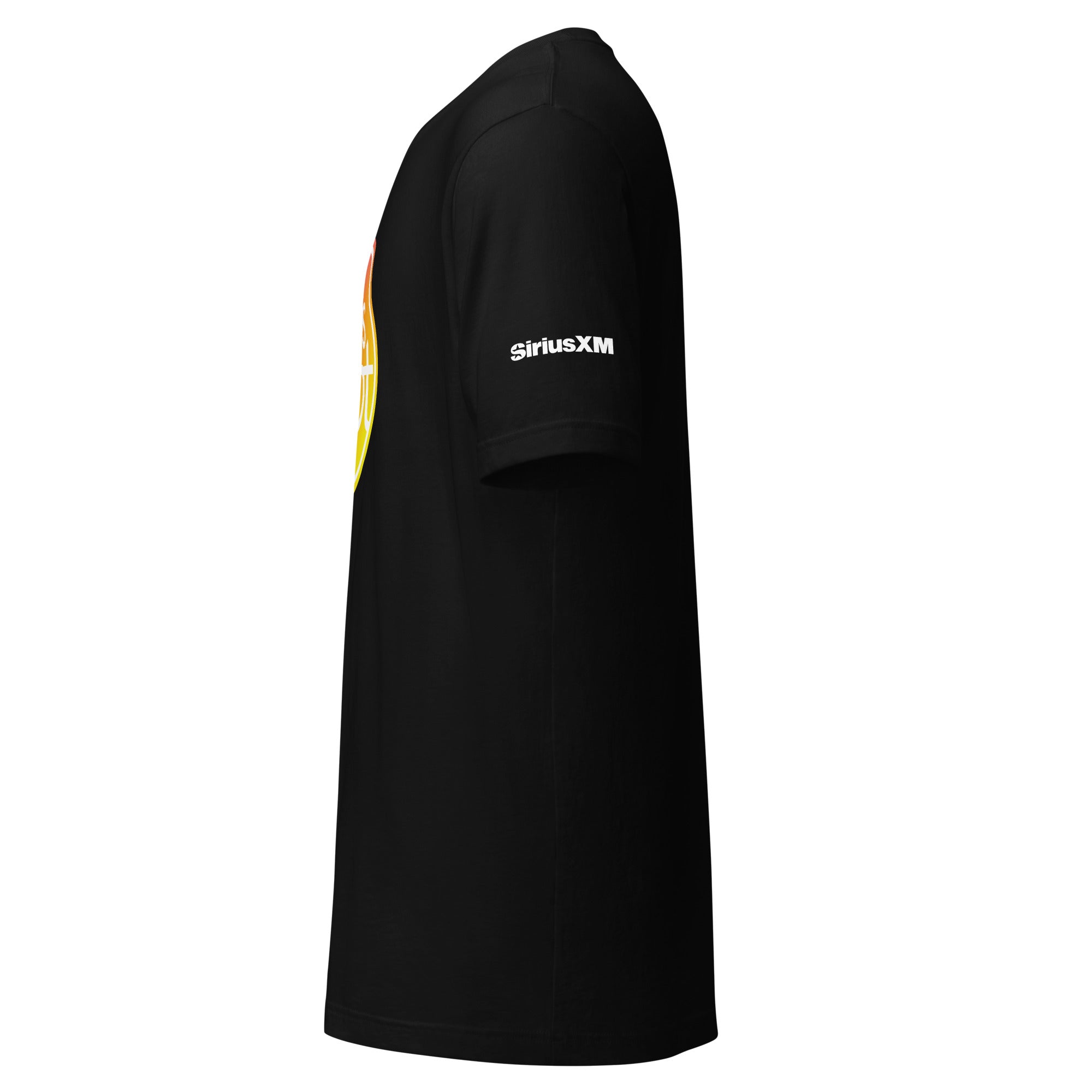 Black t-shirt with 'SiriusXM' logo on the sleeve. Side view.