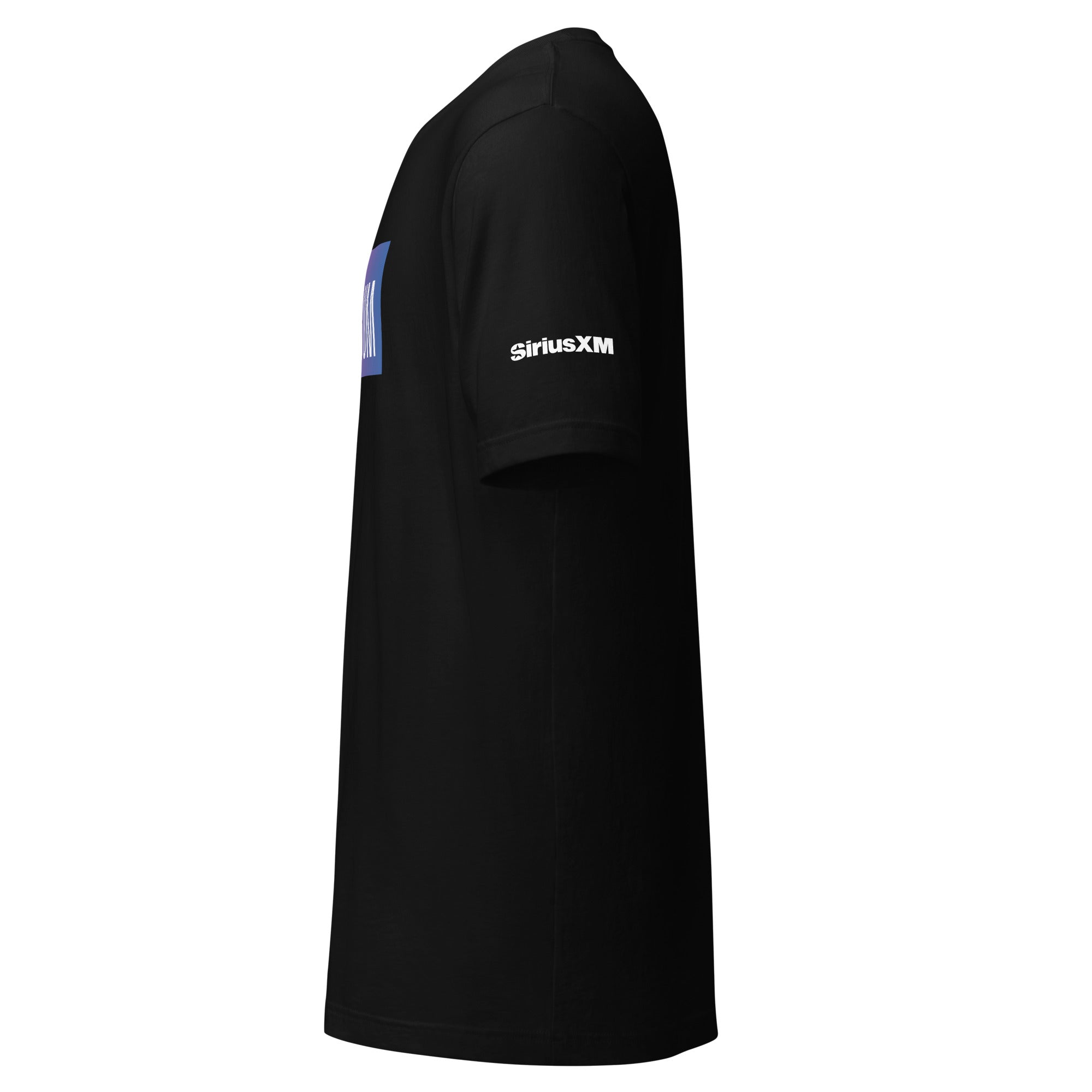 Black t-shirt featuring 'SiriusXM' logo on the sleeve, shown from the side.